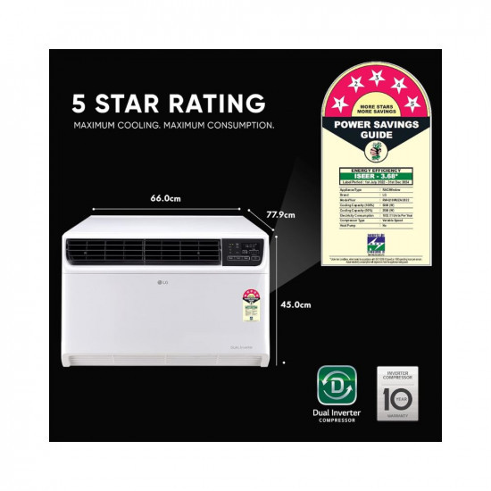 LG 15 Ton 5 Star DUAL Inverter Window AC Copper Convertible 4-in-1 cooling RW-Q18WUZA 2023 Model HD Filter with Anti-Virus Protection White