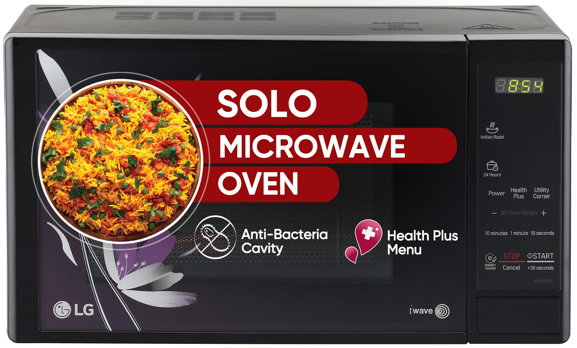 LG 20 L Solo Microwave Oven MS2043BP Black Health plus Menu I-Wave Technology Indian Cuisine Even Reheat  Defrost Auto Cook Menu Anti-Bacterial Cavity  Steam Clean