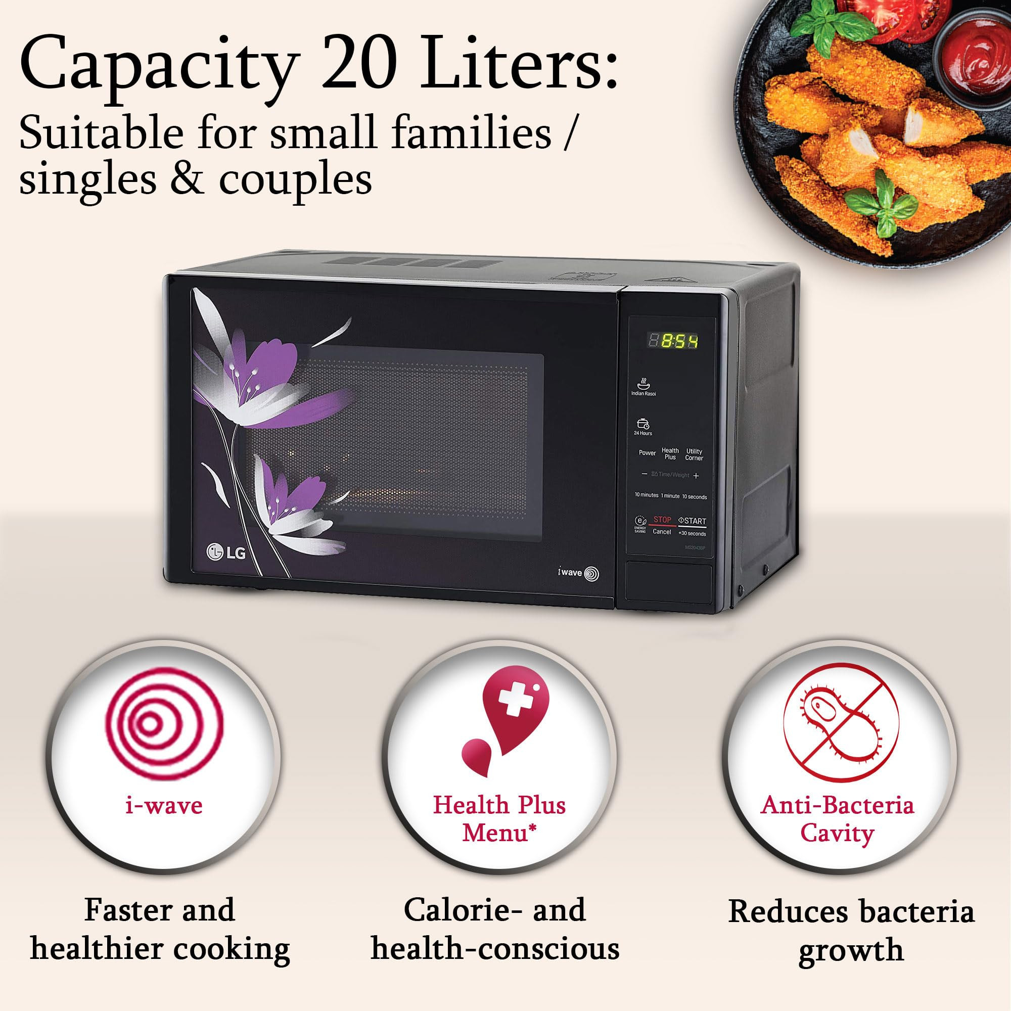 LG 20 L Solo Microwave Oven MS2043BP Black Health plus Menu I-Wave Technology Indian Cuisine Even Reheat  Defrost Auto Cook Menu Anti-Bacterial Cavity  Steam Clean