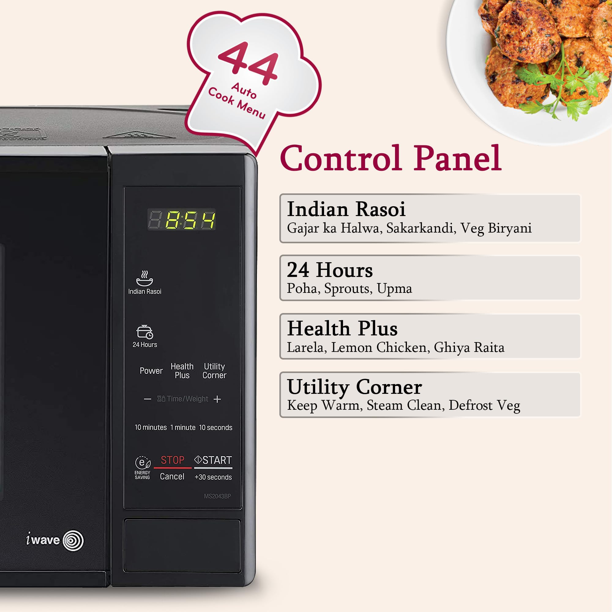 LG 20 L Solo Microwave Oven MS2043BP Black Health plus Menu I-Wave Technology Indian Cuisine Even Reheat  Defrost Auto Cook Menu Anti-Bacterial Cavity  Steam Clean