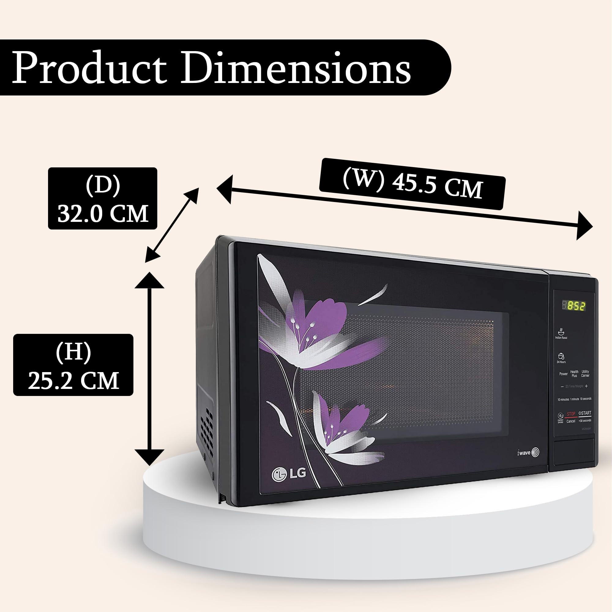 LG 20 L Solo Microwave Oven MS2043BP Black Health plus Menu I-Wave Technology Indian Cuisine Even Reheat  Defrost Auto Cook Menu Anti-Bacterial Cavity  Steam Clean