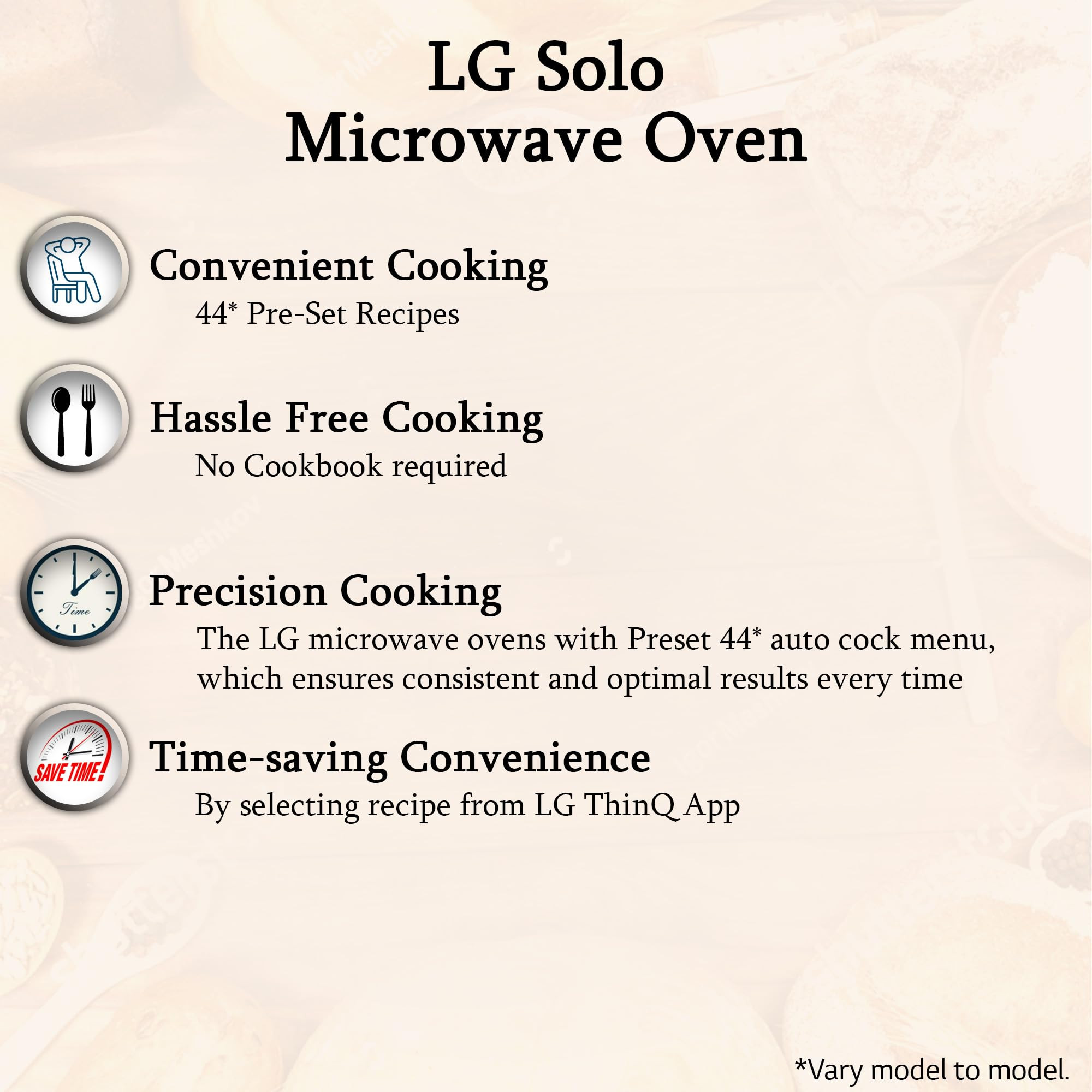 LG 20 L Solo Microwave Oven MS2043BP Black Health plus Menu I-Wave Technology Indian Cuisine Even Reheat Defrost Auto Cook Menu Anti-Bacterial Cavity Steam Clean