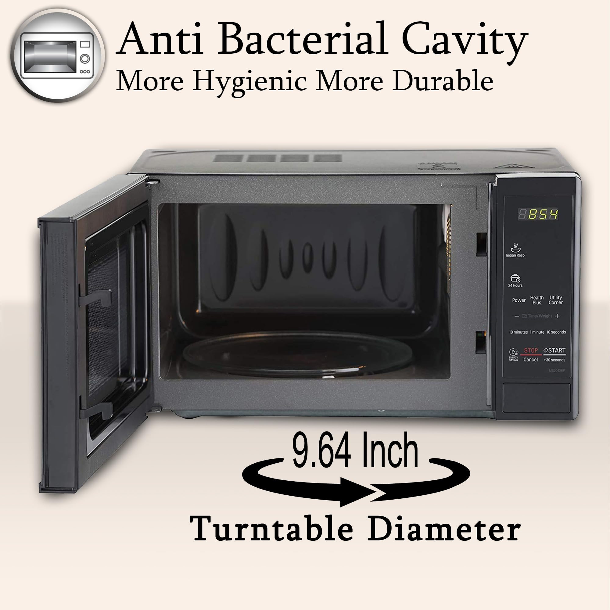 LG 20 L Solo Microwave Oven MS2043BP Black Health plus Menu I-Wave Technology Indian Cuisine Even Reheat  Defrost Auto Cook Menu Anti-Bacterial Cavity  Steam Clean