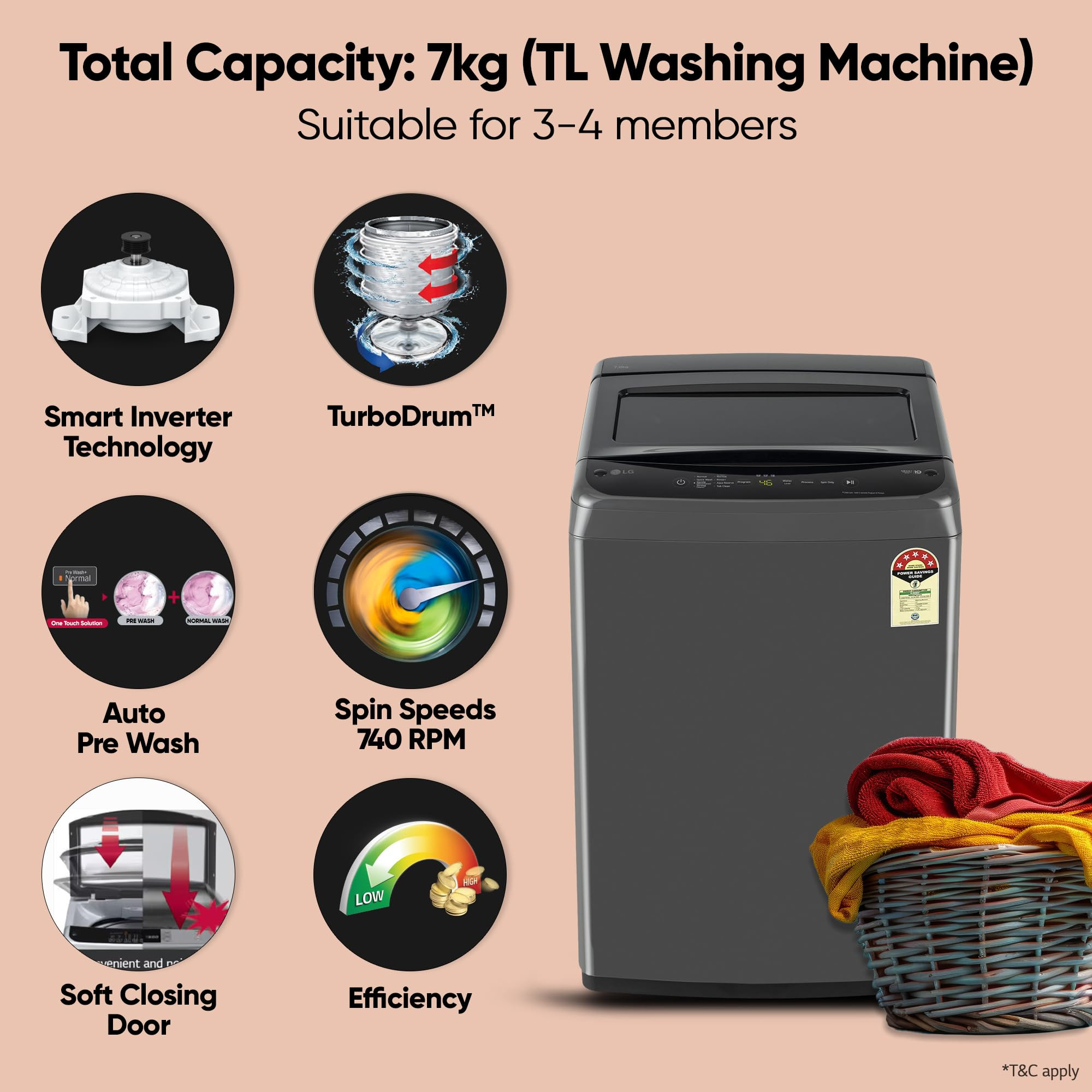 LG 7 Kg 5 Star Smart Inverter Technology Fully Automatic Top Load Washing Machine T70VBMB1Z Auto Prewash Turbodrum Stainless Steel drum LED Display Smart Diagnosis Middle Black