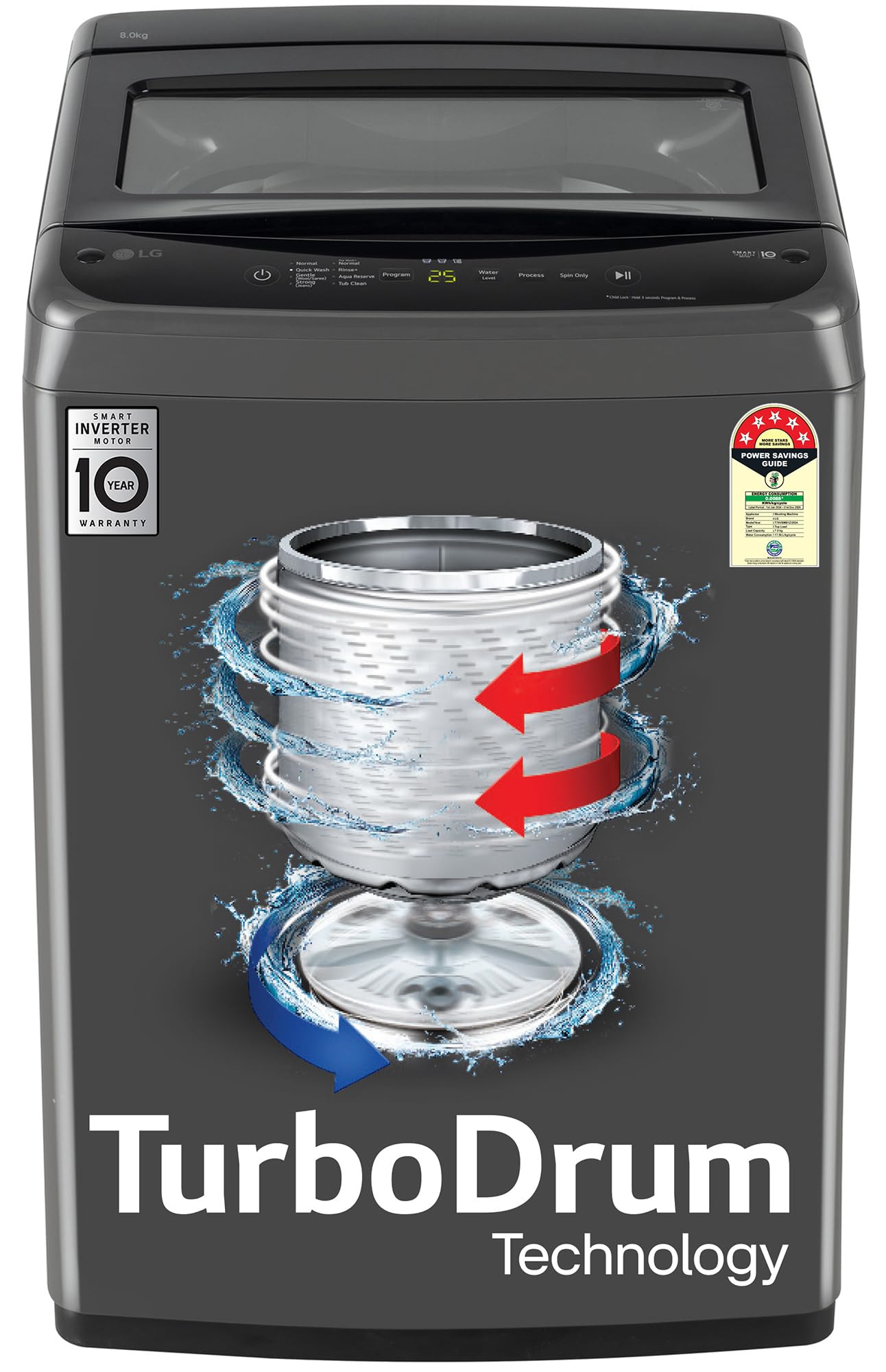 LG 8 Kg 5 Star Smart Inverter Technology Fully Automatic Top Load Washing Machine T80VBMB4Z Turbodrum Auto Prewash Stainless Steel drum LED Display Smart Diagnosis Middle Black
