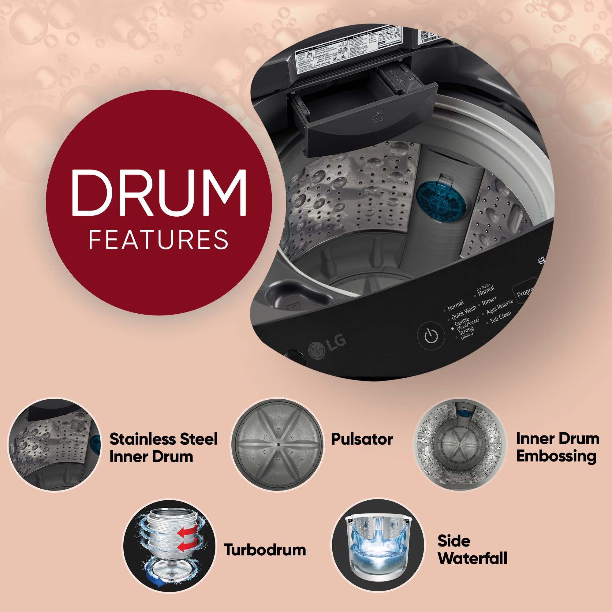 LG 8 Kg 5 Star Smart Inverter Technology Fully Automatic Top Load Washing Machine T80VBMB4Z Turbodrum Auto Prewash Stainless Steel drum LED Display Smart Diagnosis Middle Black