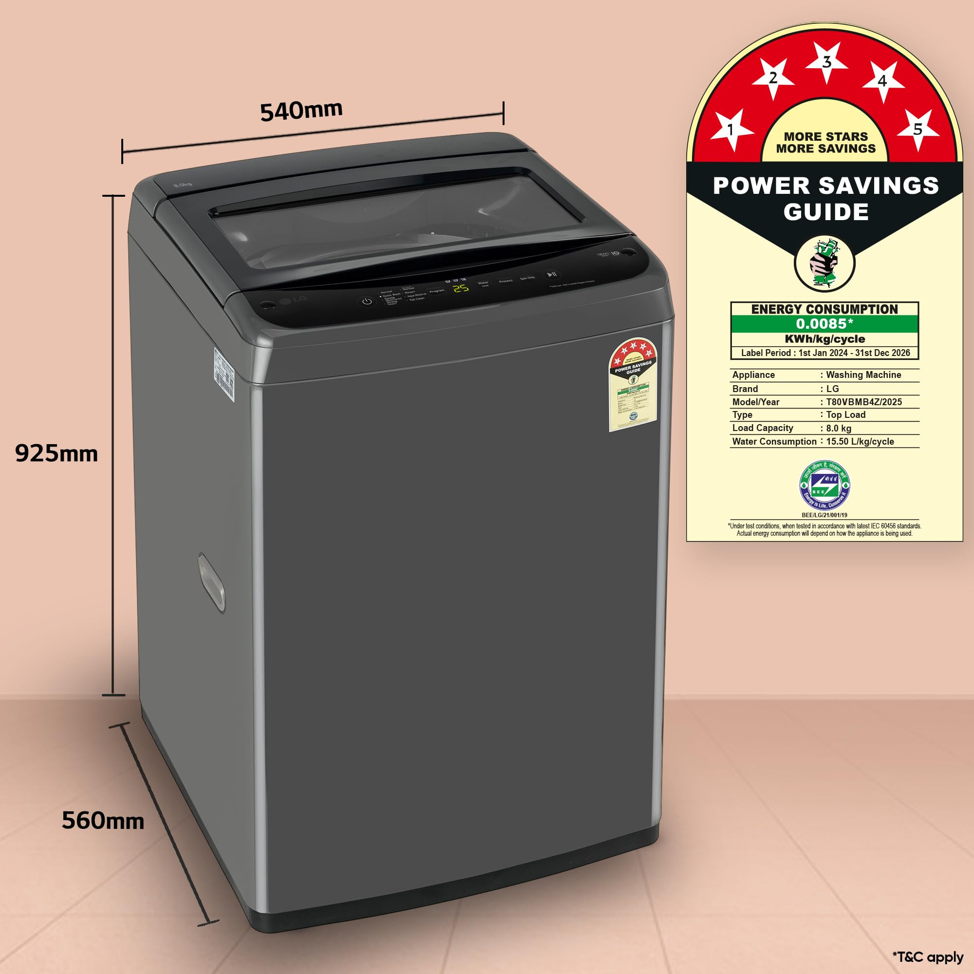 LG 8 Kg 5 Star Smart Inverter Technology Fully Automatic Top Load Washing Machine T80VBMB4Z Turbodrum Auto Prewash Stainless Steel drum LED Display Smart Diagnosis Middle Black