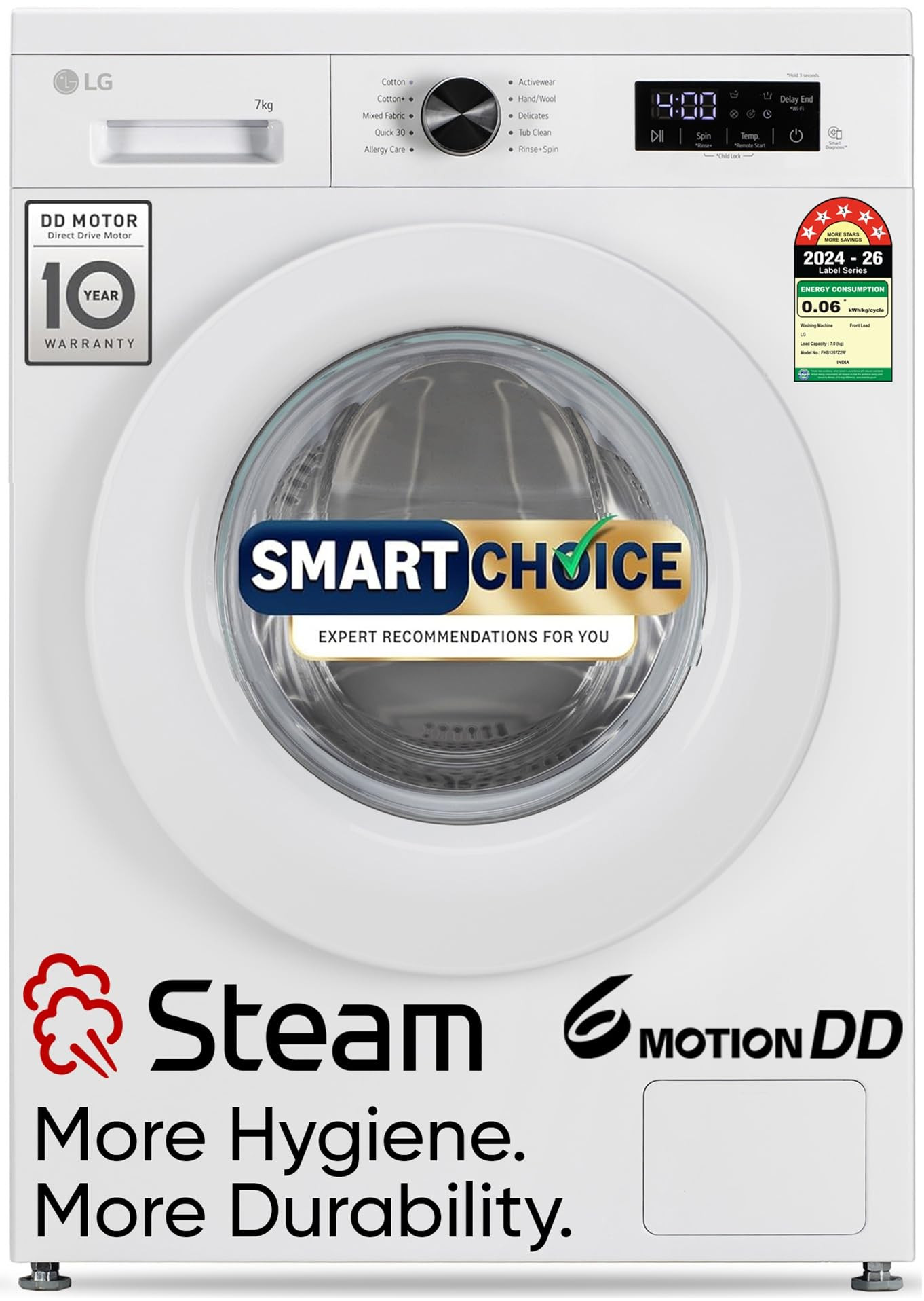 LG Smart Choice 7 Kg 5 Star Steam Inverter Direct Drive Technology 6 Motion DD Fully-Automatic Front Load Washing Machine FHB1207Z2W Remove Allergens  Stain In-Built Heater Essence White