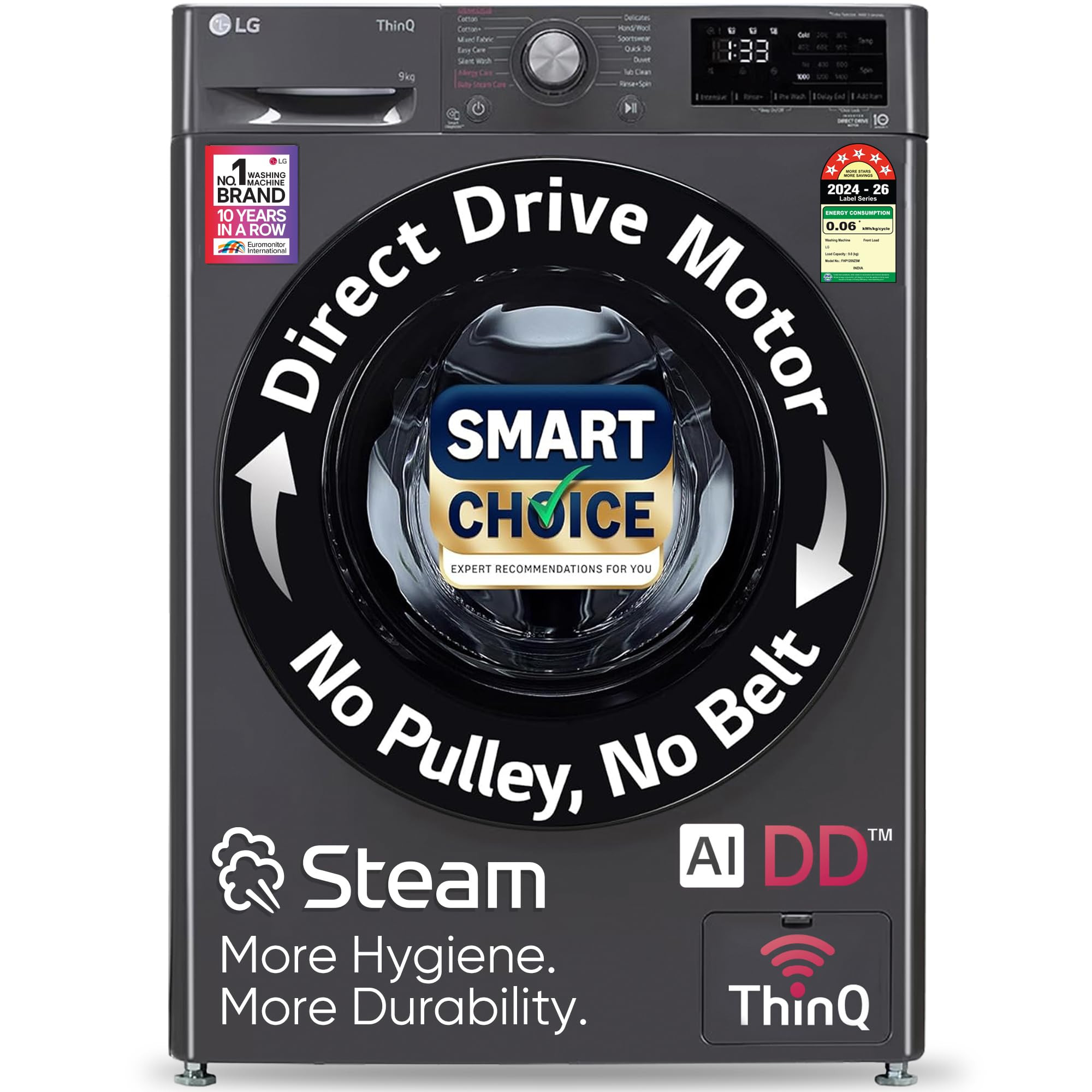 LG Smart Choice 9 Kg 5 Star AI Direct Drive Technology Steam 6 Motion DD  Wi-Fi Fully-Automatic Front Load Washing Machine FHP1209Z5M Intelligent  Convenient Fabric Care Middle Black