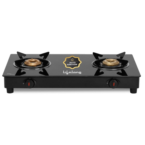 Image of Lifelong 2 Burner Gas Stove Top for Kitchen - Automatic Ignition Cooktop Modern Glass Stove