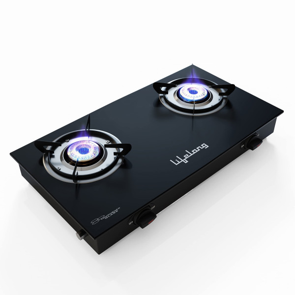 Image of Lifelong 2 Burner Gas Stove Top for Kitchen - Manual Ignition Cooktop Modern Glass Stove for Modular Kitchen, ISI Certified &amp; Compatible with LPG - 1 Year Manufacturer's (Black, LLGS10)