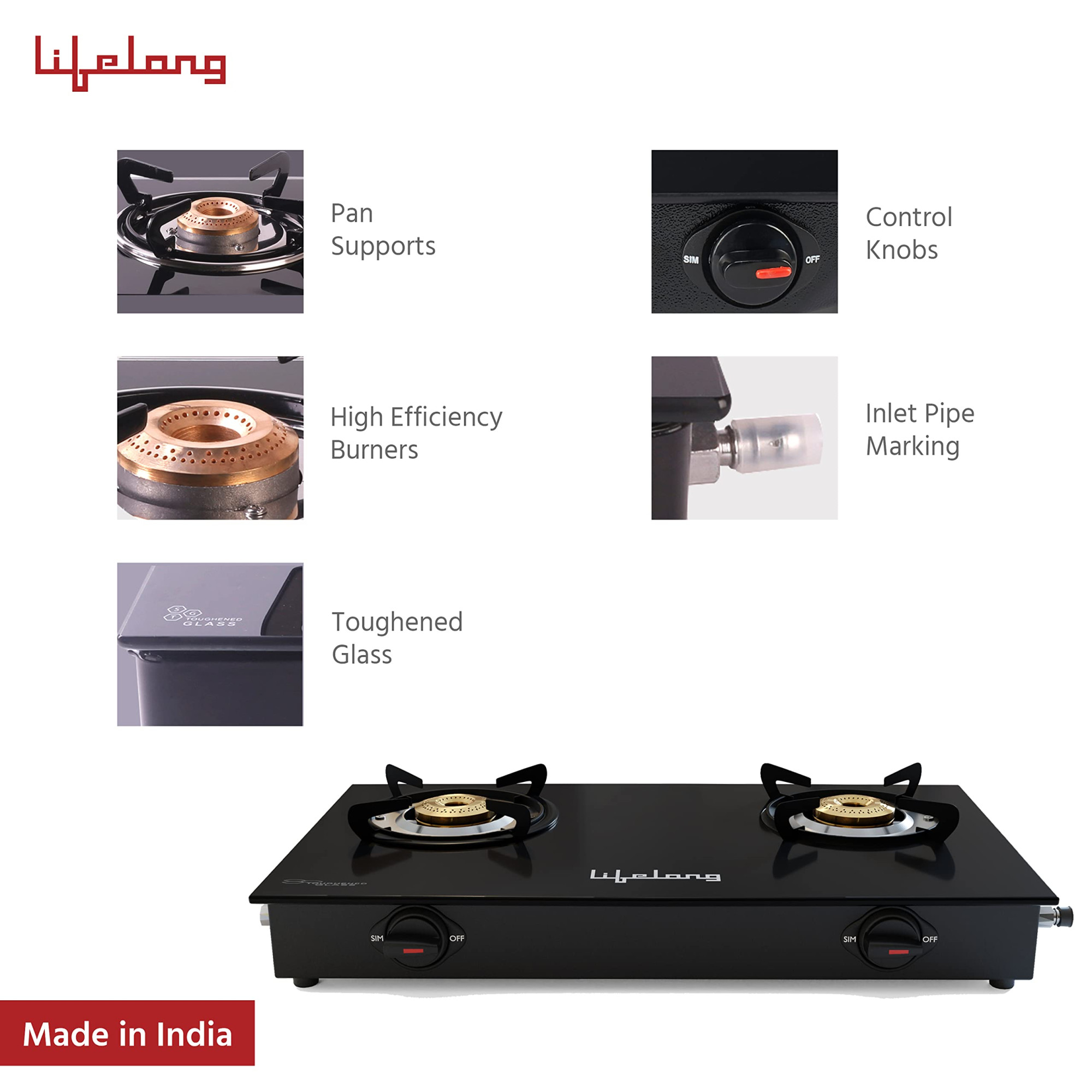Lifelong 2 Burner Gas Stove Top for Kitchen - Manual Ignition Cooktop Modern Glass Stove for Modular Kitchen ISI Certified  Compatible with LPG - 1 Year Manufacturers Black LLGS10