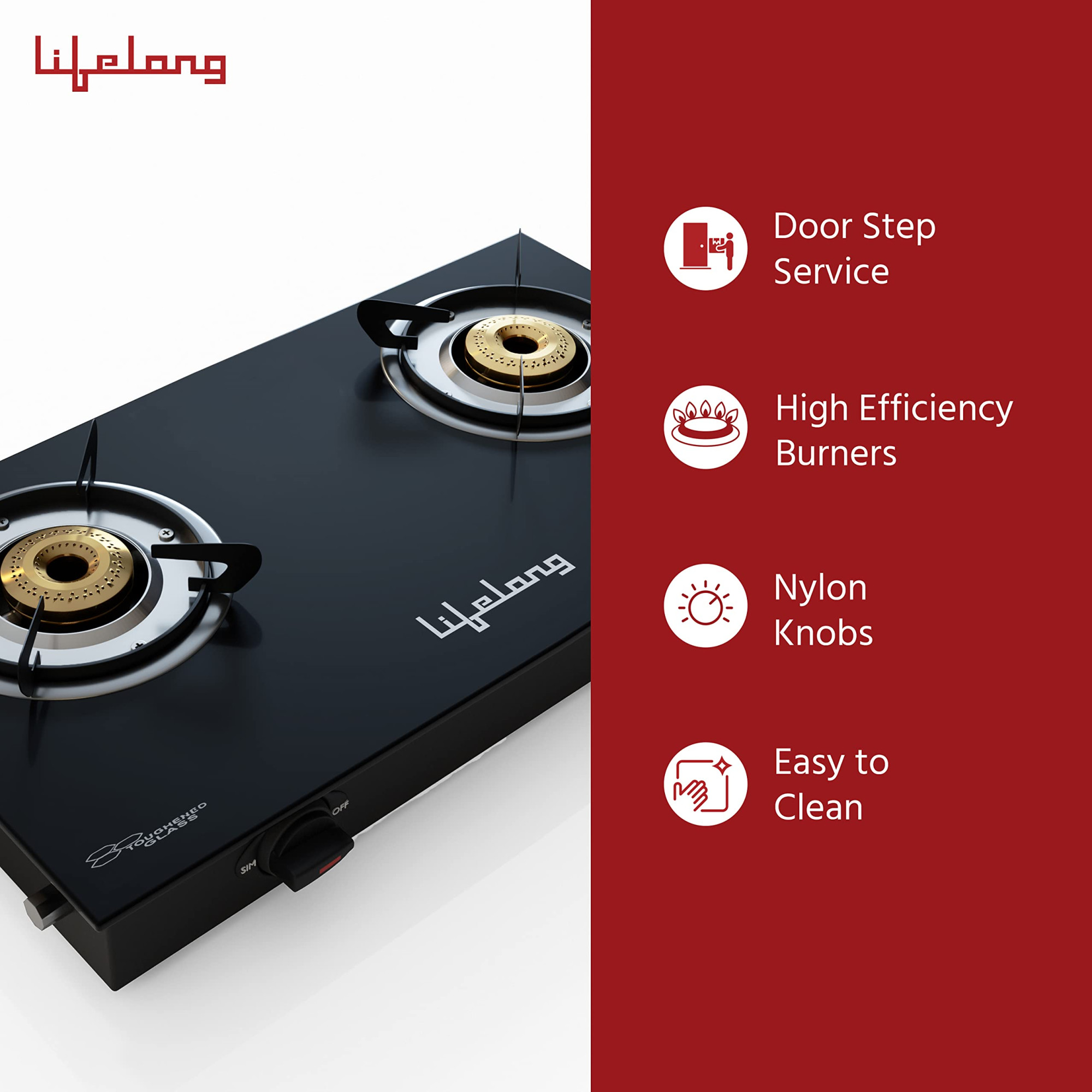 Lifelong 2 Burner Gas Stove Top for Kitchen - Manual Ignition Cooktop Modern Glass Stove for Modular Kitchen ISI Certified  Compatible with LPG - 1 Year Manufacturers Black LLGS10