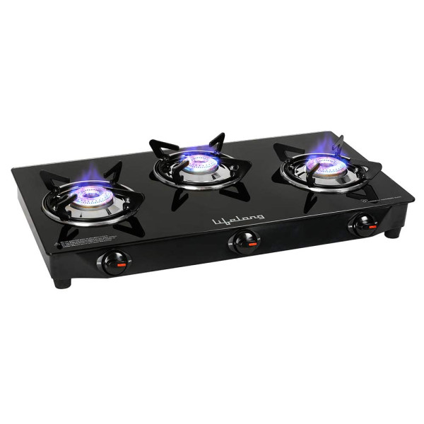 Image of Lifelong 3 Burner Gas Stove Top for Kitchen - Manual Ignition Cooktop Modern Glass Stove for Modular Kitchen, ISI Certified &amp; Compatible with LPG - 1 Year Manufacturer's (Black, LLGS18)