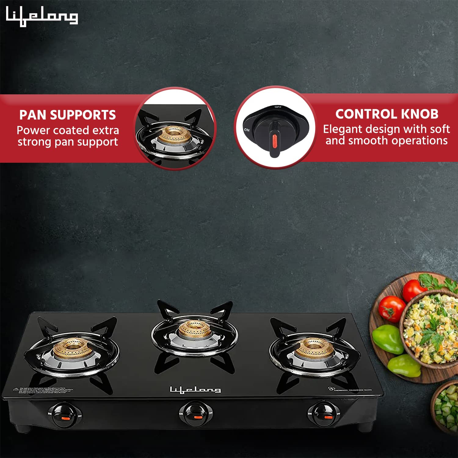 Lifelong 3 Burner Gas Stove Top for Kitchen - Manual Ignition Cooktop Modern Glass Stove for Modular Kitchen ISI Certified  Compatible with LPG - 1 Year Manufacturers Black LLGS18
