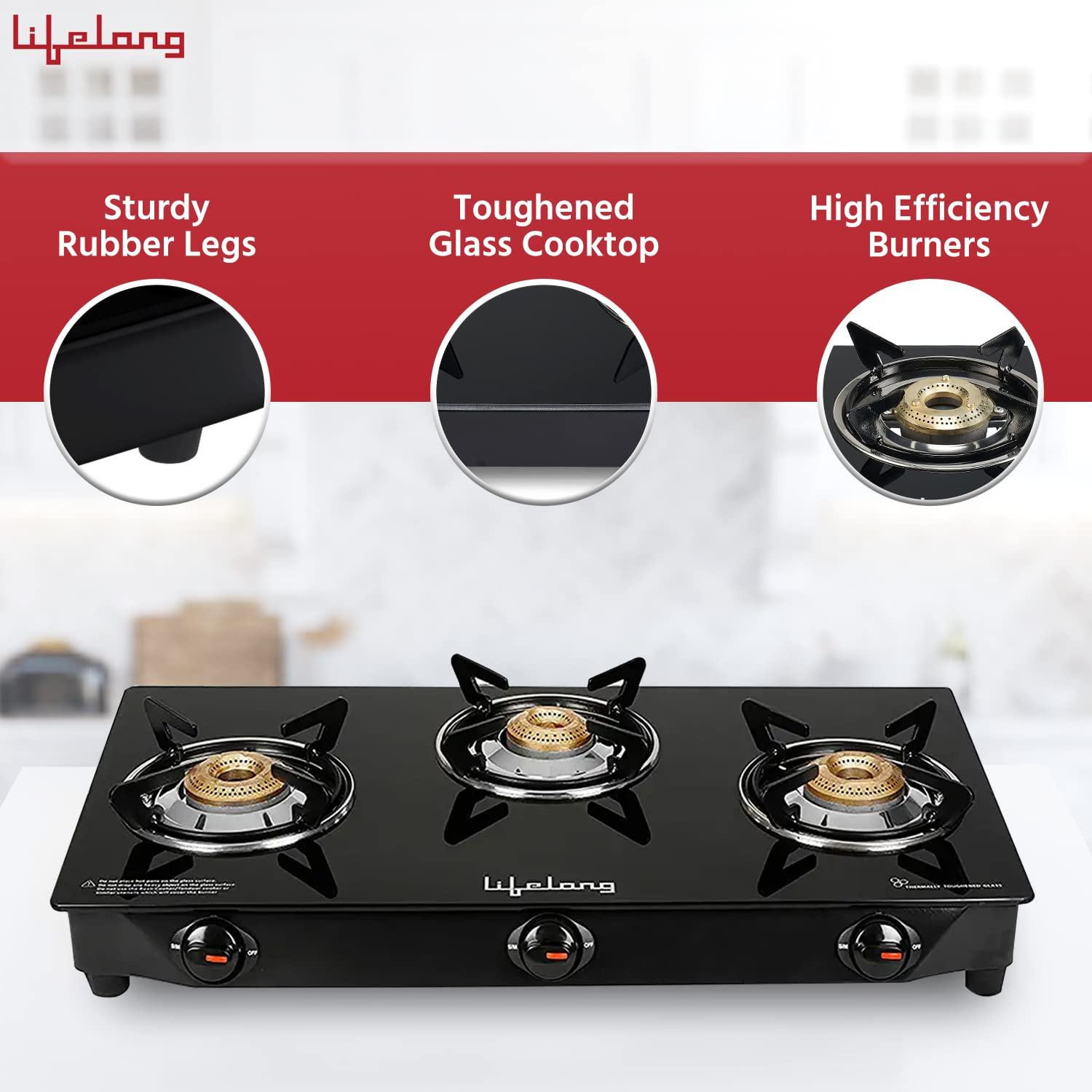 Lifelong 3 Burner Gas Stove Top for Kitchen - Manual Ignition Cooktop Modern Glass Stove for Modular Kitchen ISI Certified Compatible with LPG - 1 Year Manufacturers Black LLGS18