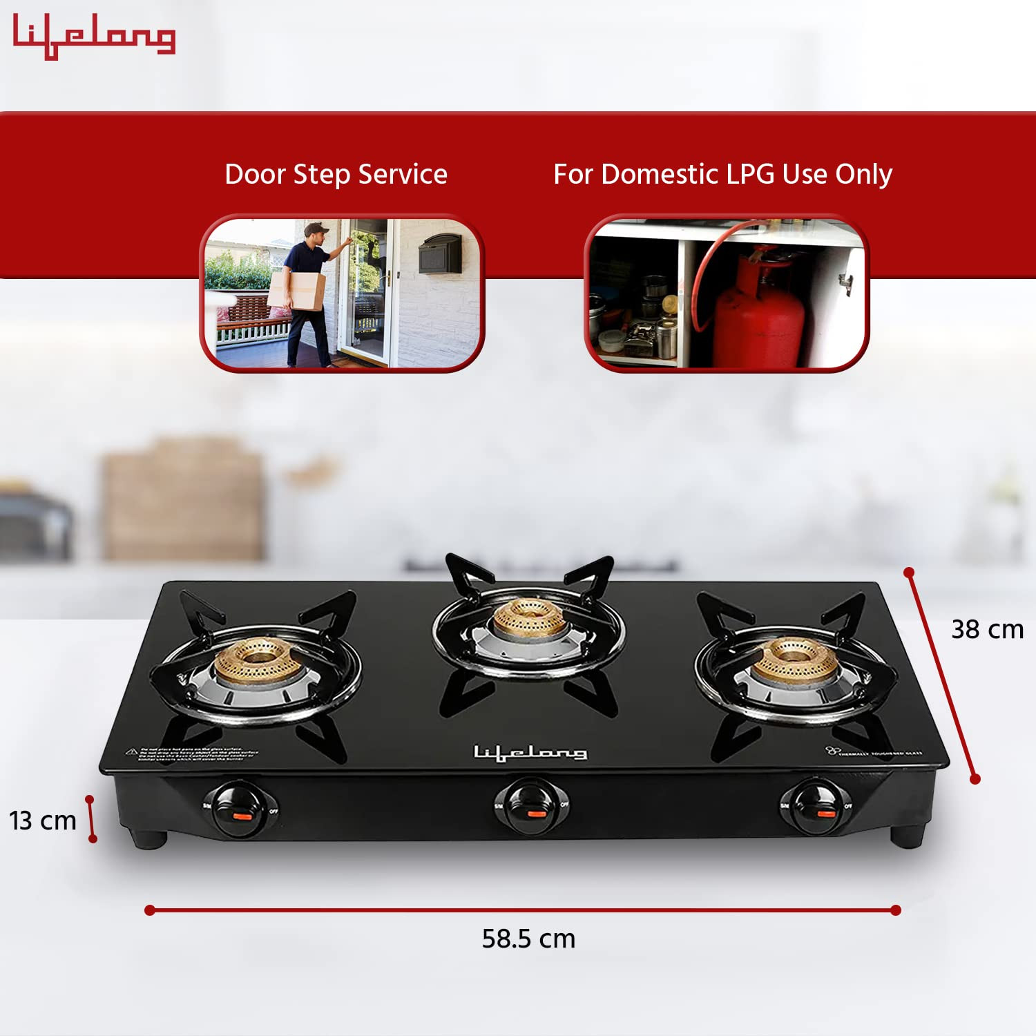 Lifelong 3 Burner Gas Stove Top for Kitchen - Manual Ignition Cooktop Modern Glass Stove for Modular Kitchen ISI Certified  Compatible with LPG - 1 Year Manufacturers Black LLGS18