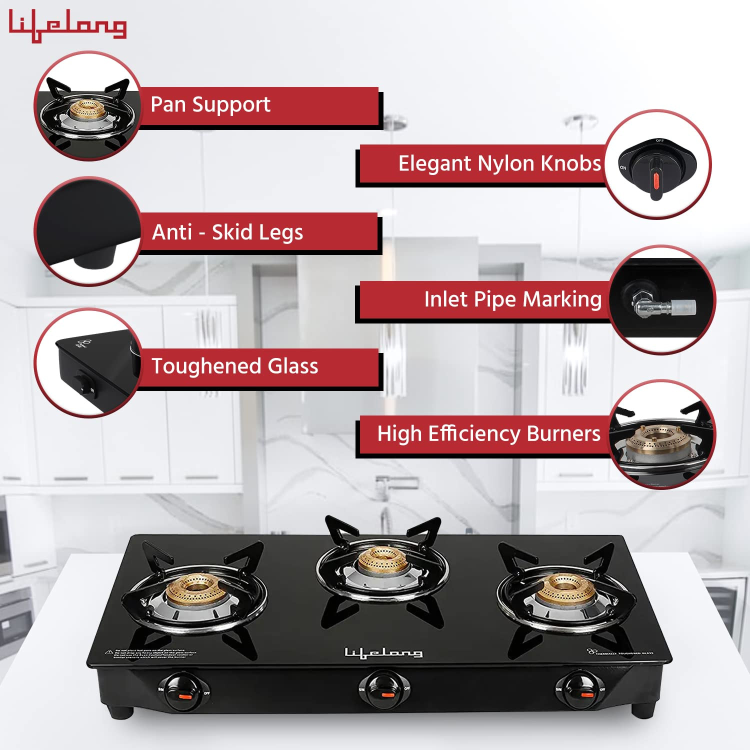 Lifelong 3 Burner Gas Stove Top for Kitchen - Manual Ignition Cooktop Modern Glass Stove for Modular Kitchen ISI Certified  Compatible with LPG - 1 Year Manufacturers Black LLGS18