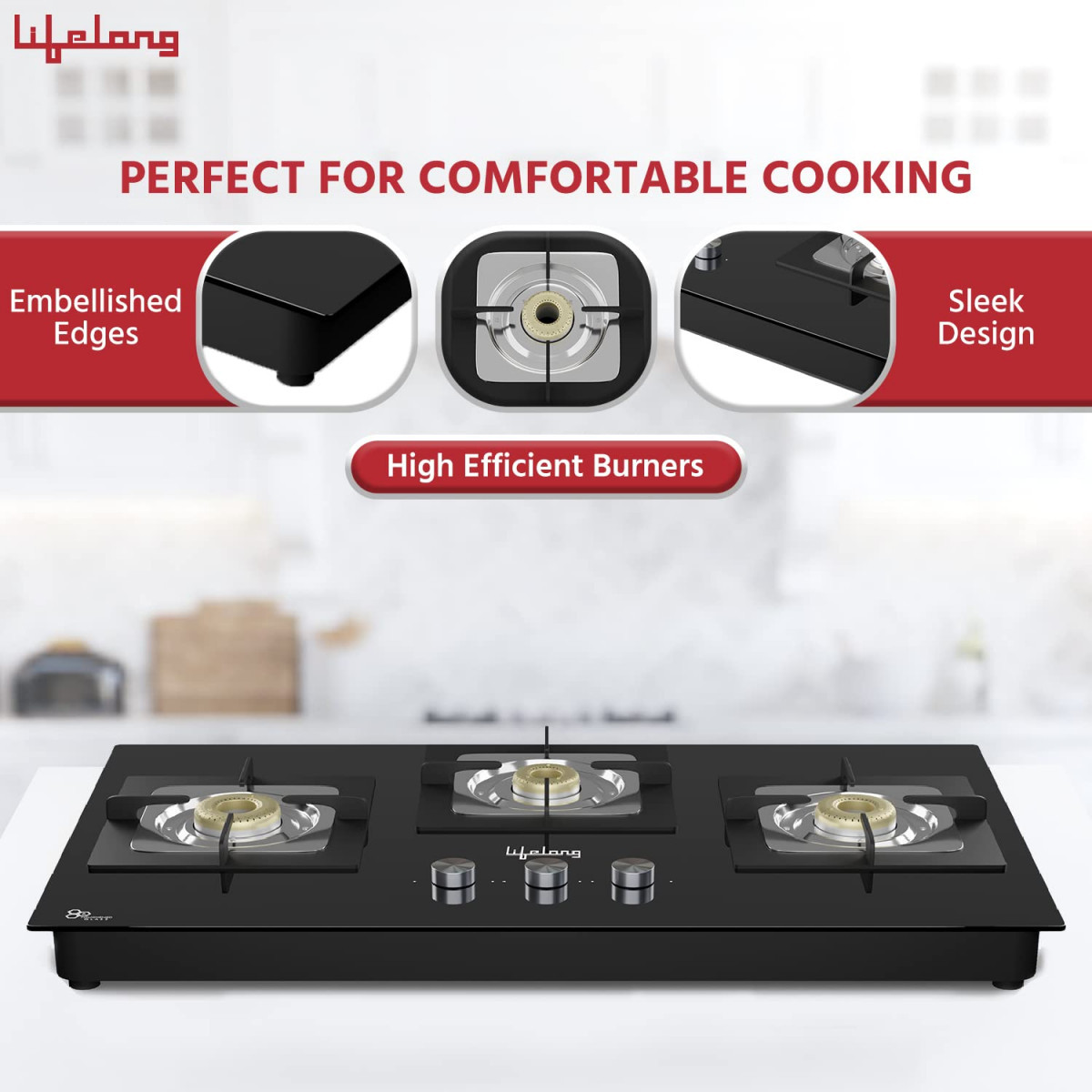 Lifelong 3 Gas Burner Top - 3 Burners Hob Top Gas Stove with Manual Ignition - Toughened Glass top Gas Stoves for Home Kitchen - Manual Gas stove for modernmodular kitchen Lexus LLHT003