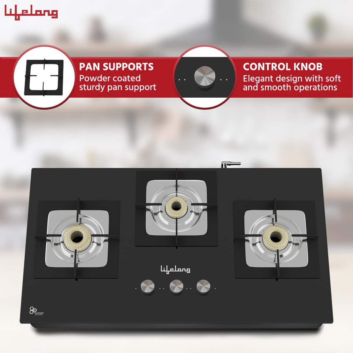 Lifelong 3 Gas Burner Top - 3 Burners Hob Top Gas Stove with Manual Ignition - Toughened Glass top Gas Stoves for Home Kitchen - Manual Gas stove for modernmodular kitchen Lexus LLHT003
