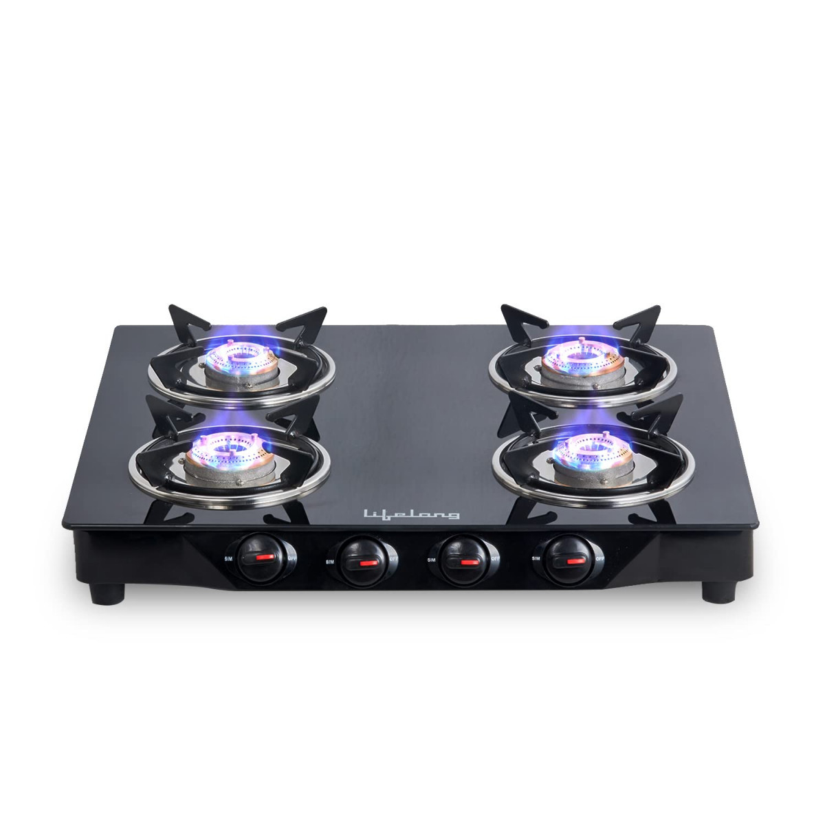 Lifelong 4 Burner Gas Stove Top for Kitchen - Manual Ignition Cooktop Modern Glass Stove for Modular Kitchen with Toughened Glass ISI Certified Compatible with LPG - 1 Year Manufacturer039s Black