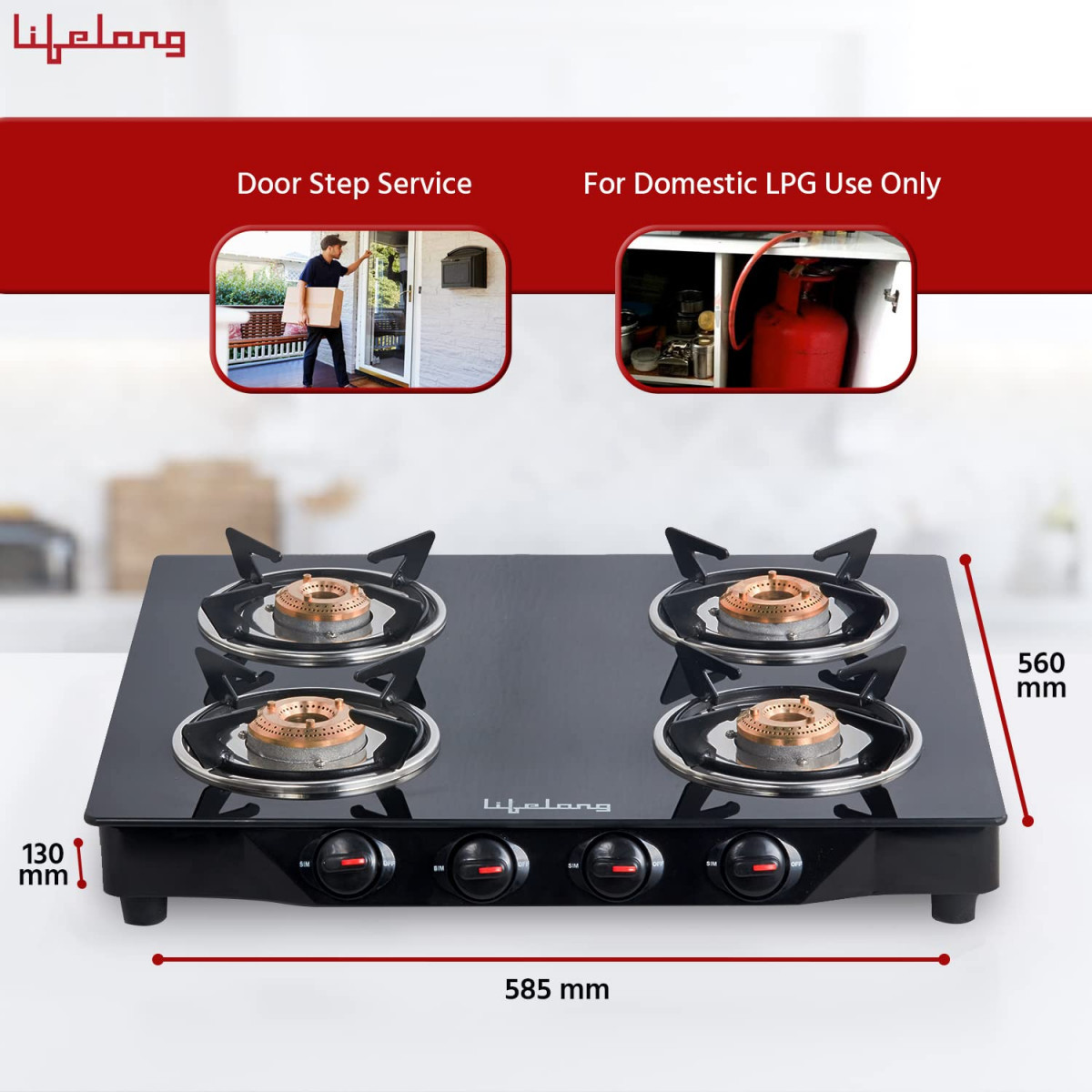 Lifelong 4 Burner Gas Stove Top for Kitchen - Manual Ignition Cooktop Modern Glass Stove for Modular Kitchen with Toughened Glass ISI Certified Compatible with LPG - 1 Year Manufacturer039s Black