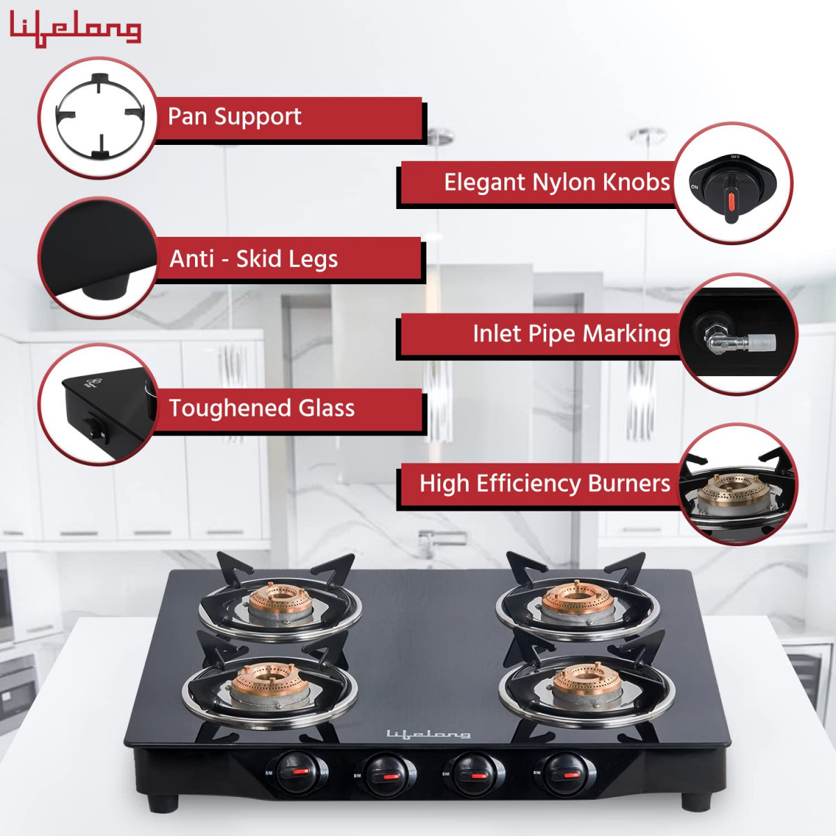 Lifelong 4 Burner Gas Stove Top for Kitchen - Manual Ignition Cooktop Modern Glass Stove for Modular Kitchen with Toughened Glass ISI Certified Compatible with LPG - 1 Year Manufacturer039s Black