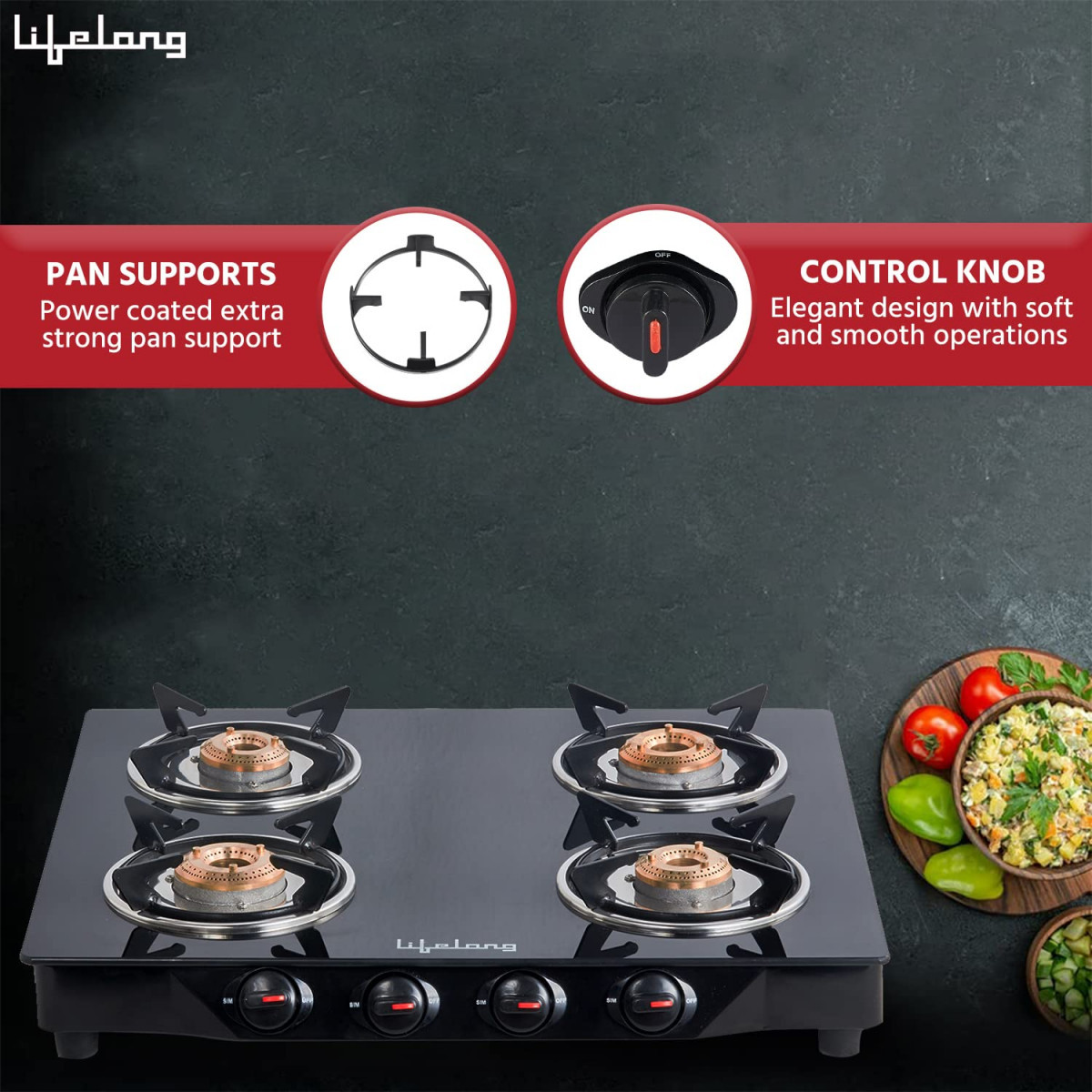 Lifelong 4 Burner Gas Stove Top for Kitchen - Manual Ignition Cooktop Modern Glass Stove for Modular Kitchen with Toughened Glass ISI Certified Compatible with LPG - 1 Year Manufacturer039s Black