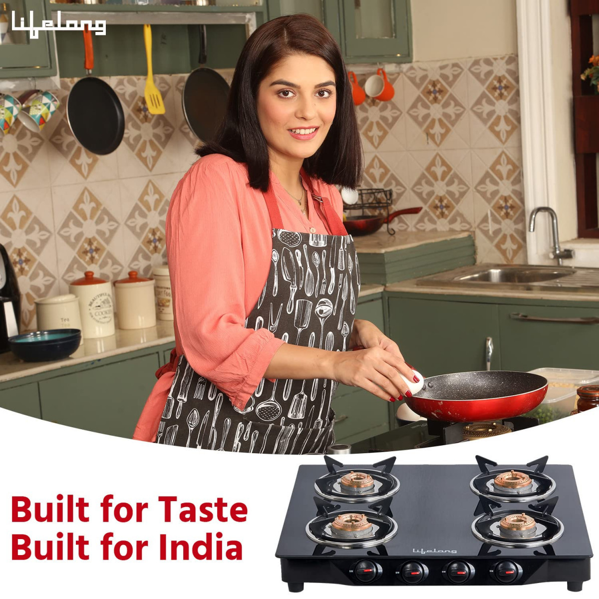 Lifelong 4 Burner Gas Stove Top for Kitchen - Manual Ignition Cooktop Modern Glass Stove for Modular Kitchen with Toughened Glass ISI Certified Compatible with LPG - 1 Year Manufacturer039s Black