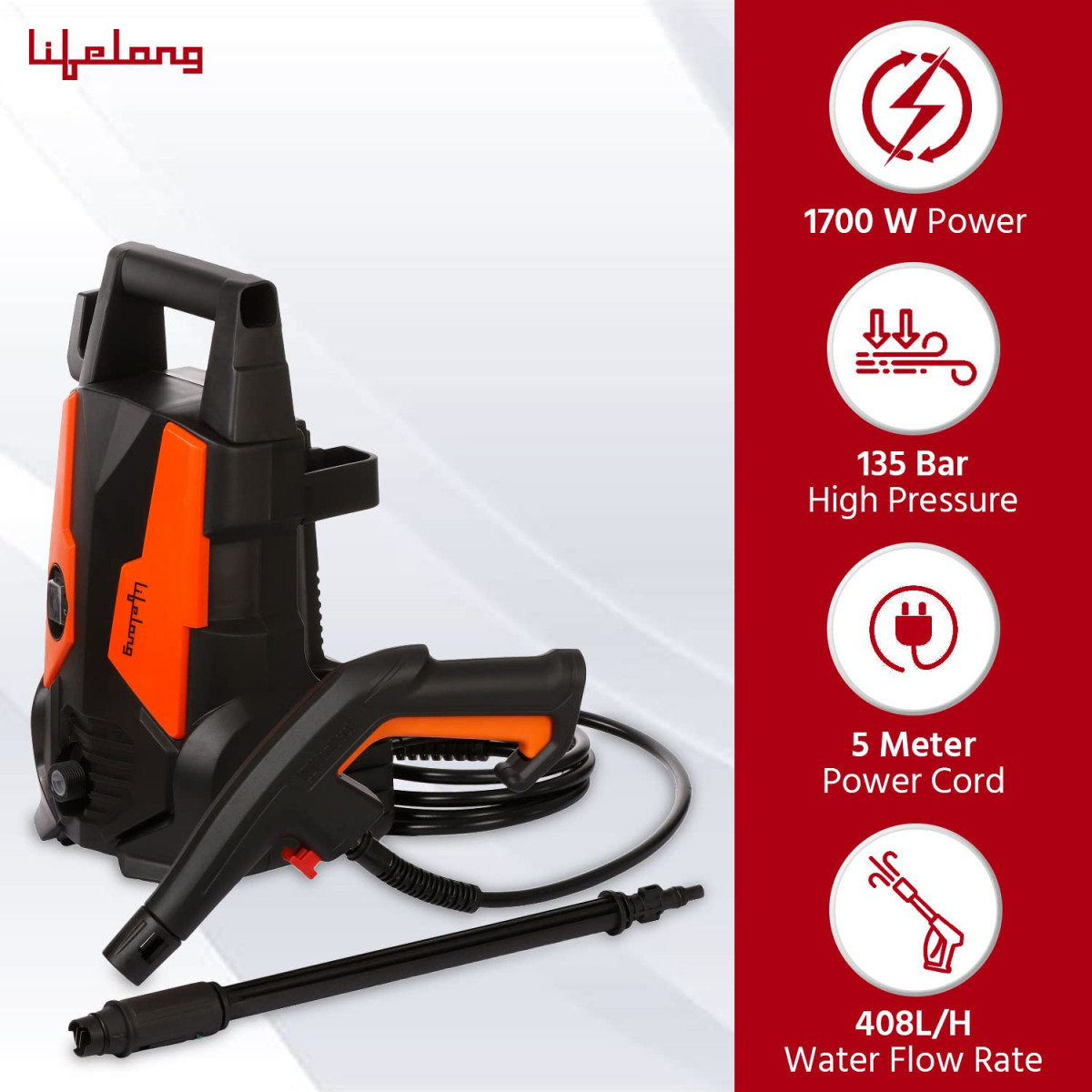 Lifelong Aquawash High Pressure Washer 1700W Universal Motor Pressure-135 Bar Max Flow-400 LhrWorking Radius 10mHose Pipe for Home Car Cleaning Garden Washer