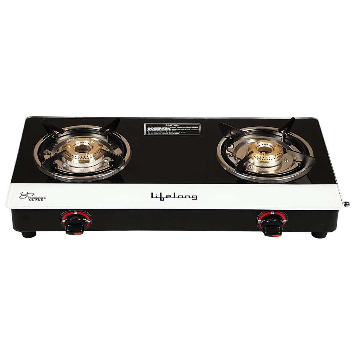 Lifelong Glass Top 2 Burner Gas Stove Premium Design Brass Burner Toughened Glass High Thermal EfficiancyManual Black and White LLGS211 ISI Certified
