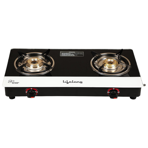 Image of Lifelong Glass Top 2 Burner Gas Stove | Premium Design, Brass Burner| Toughened Glass High Thermal Efficiancy|Manual (Black and White) LLGS211, ISI Certified
