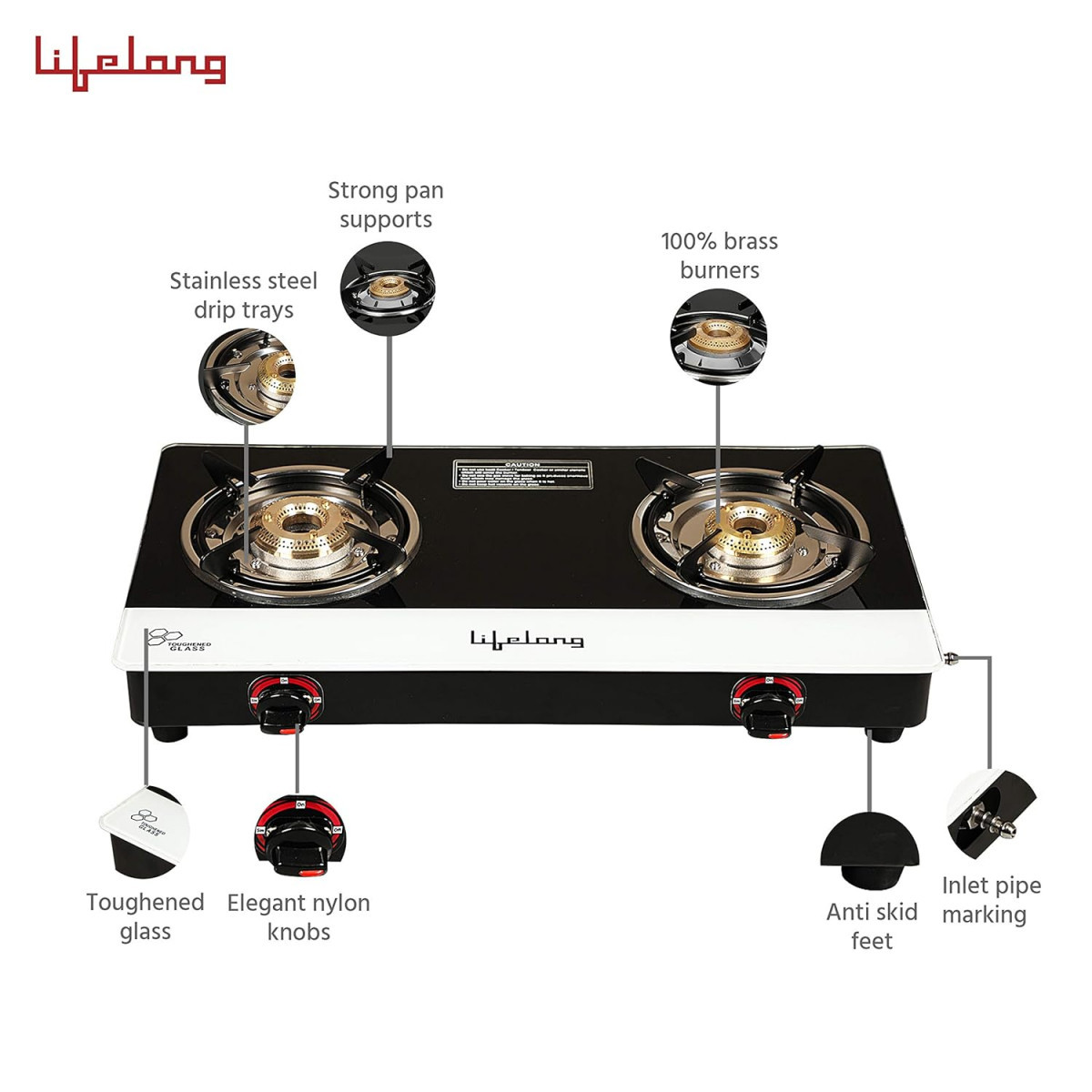 Lifelong Glass Top 2 Burner Gas Stove Premium Design Brass Burner Toughened Glass High Thermal EfficiancyManual Black and White LLGS211 ISI Certified