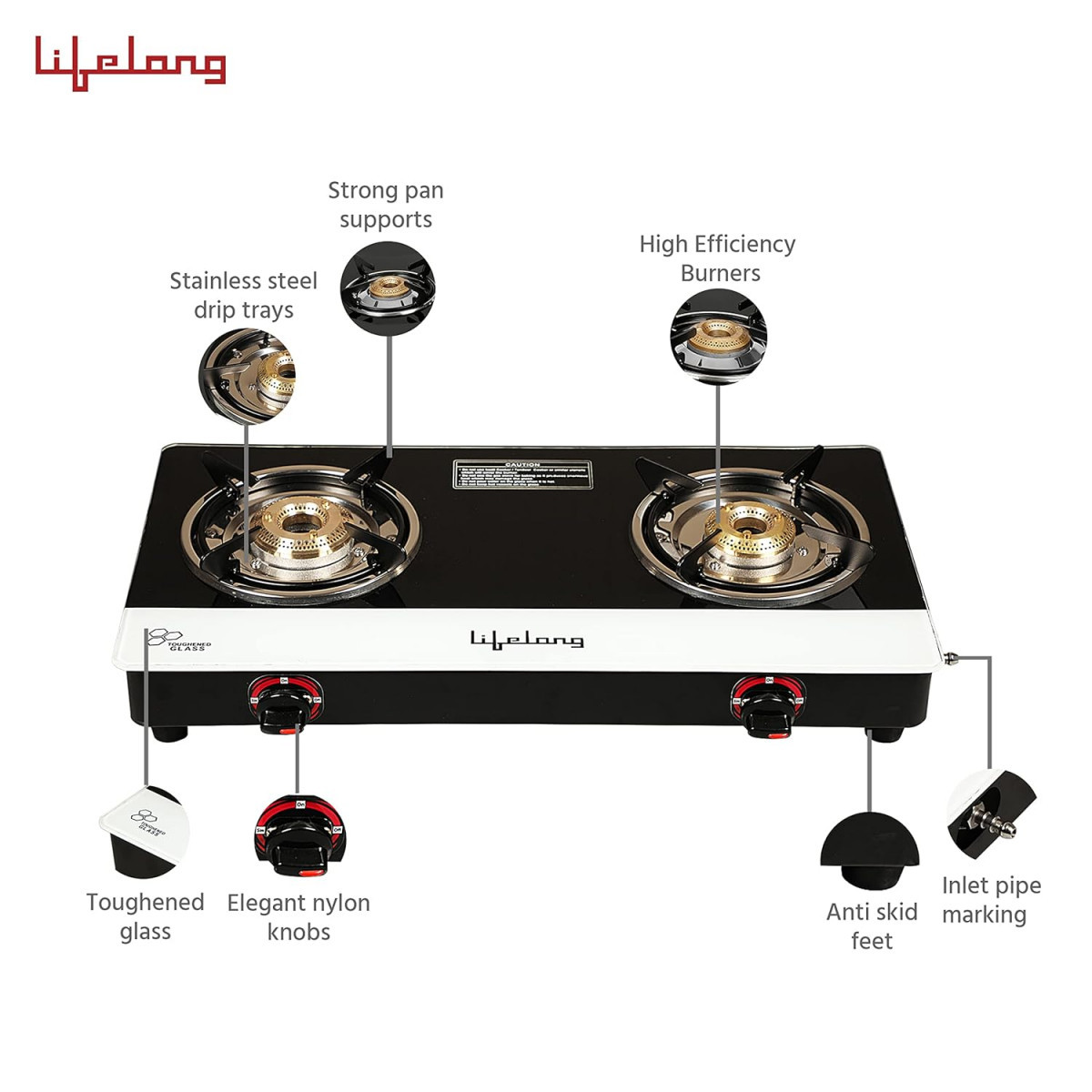 Lifelong Glass Top 2 Burner Gas Stove Premium Design Brass Burner Toughened Glass High Thermal EfficiancyManual Black and White LLGS211 ISI Certified