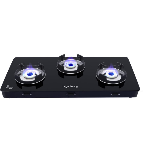 Image of Lifelong LLGS50 Acer Manual Ignition, High Efficiency 3 Burner Premium Gas Stove with Toughened Glass Top, ISI Certified, For LPG Use (1 Year Warranty, Doorstep Service, Black)