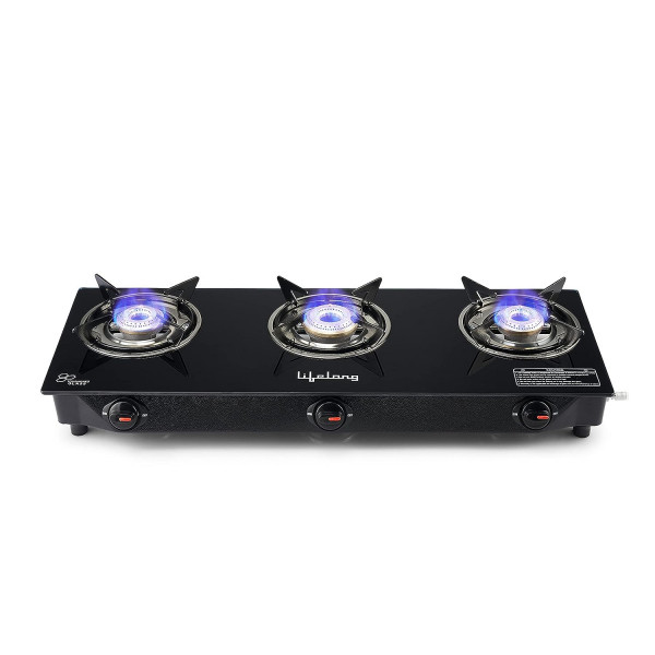 Image of Lifelong LLGS930 Manual Ignition, High Efficiency 3 Burner Gas Stove with Toughened Glass Top, ISI Certified, For LPG Use (1 Year Warranty, Doorstep Service, Black)