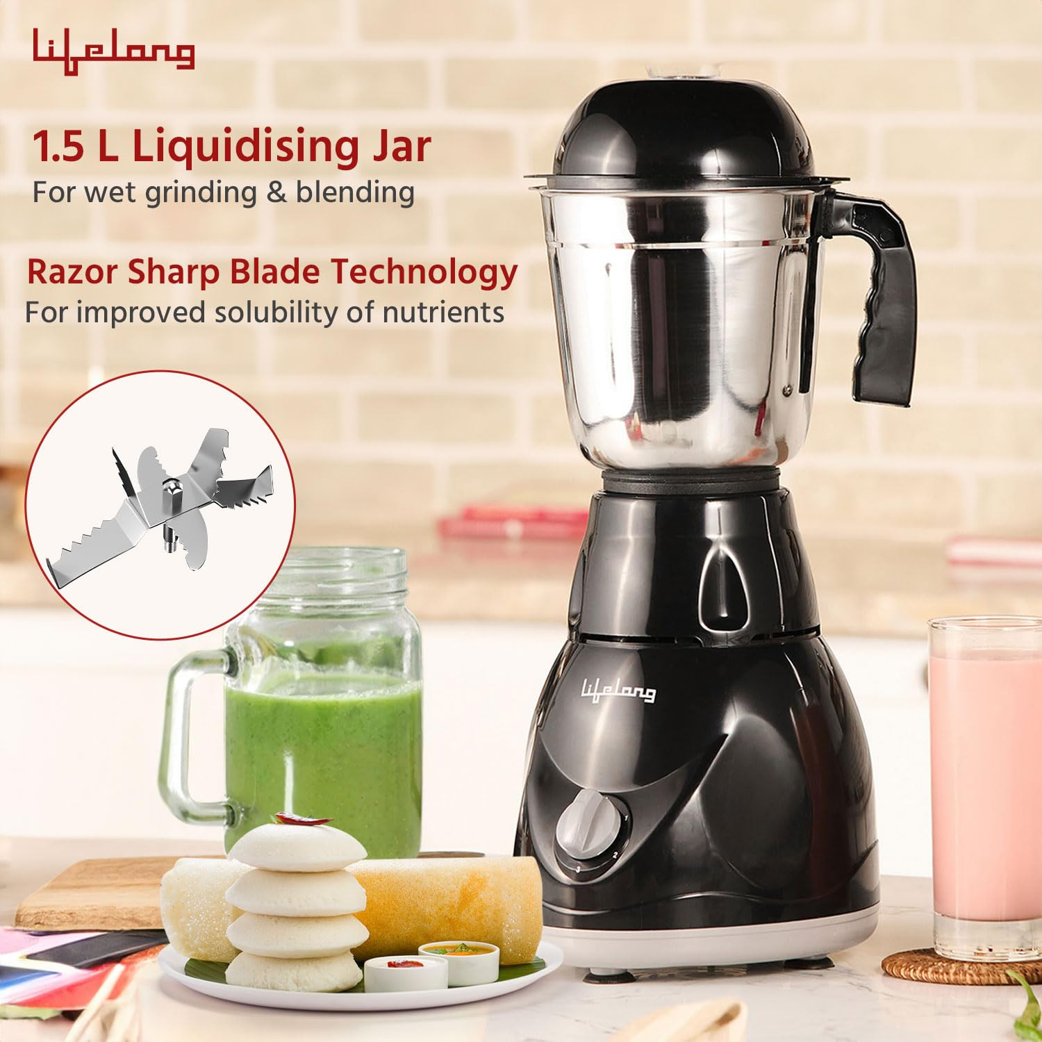 Lifelong LLMG23 Power Pro 500-Watt Mixer Grinder with 3 Jars Liquidizing Wet Grinding and Chutney Jar Stainless Steel blades 1 Year Warranty Black