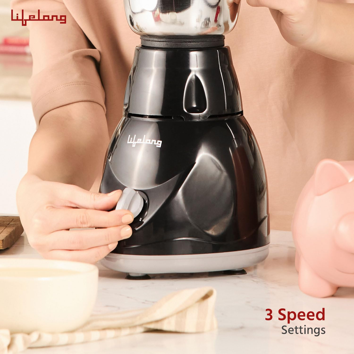 Lifelong LLMG23 Power Pro 500-Watt Mixer Grinder with 3 Jars Liquidizing Wet Grinding and Chutney Jar Stainless Steel blades 1 Year Warranty Black