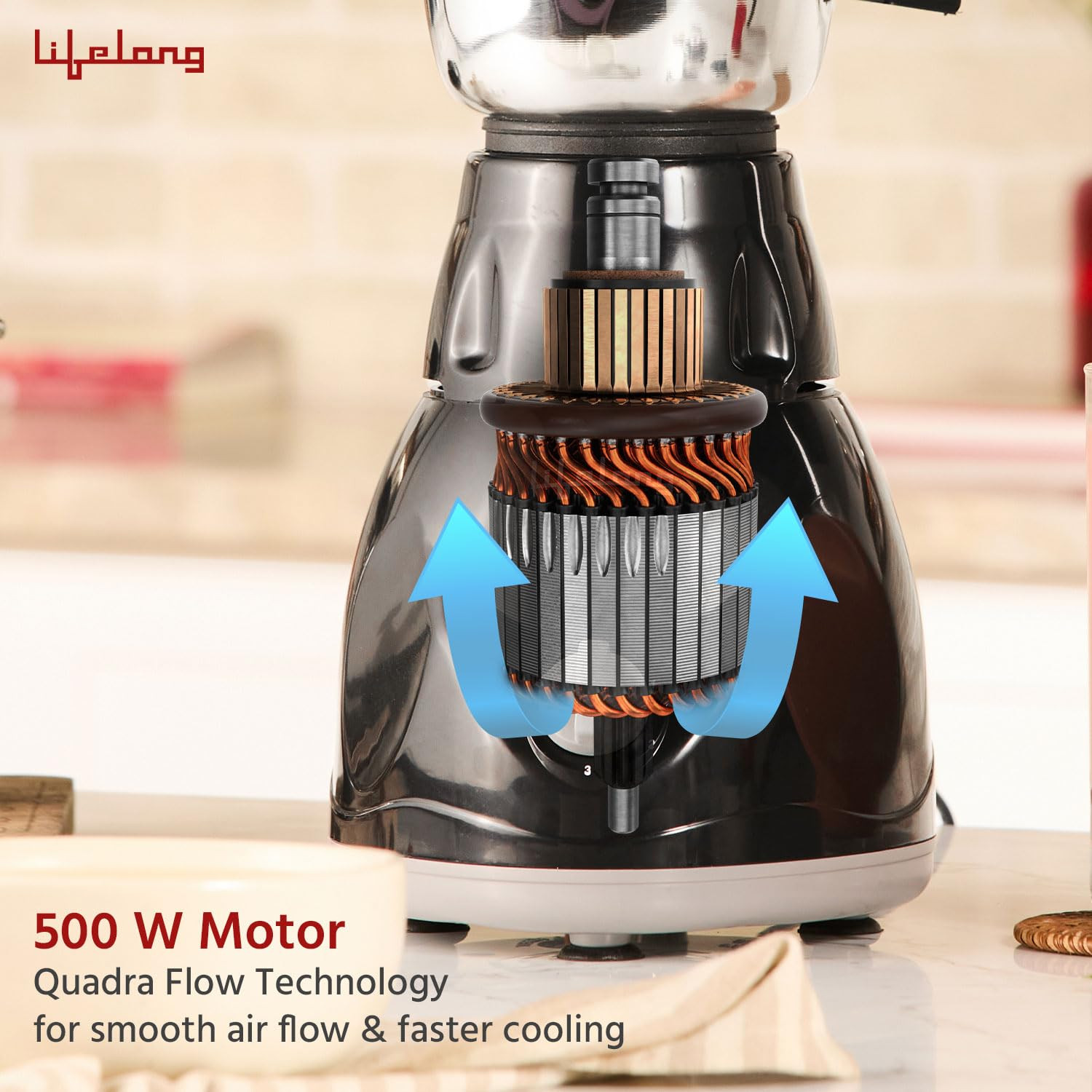 Lifelong LLMG23 Power Pro 500-Watt Mixer Grinder with 3 Jars Liquidizing Wet Grinding and Chutney Jar Stainless Steel blades 1 Year Warranty Black