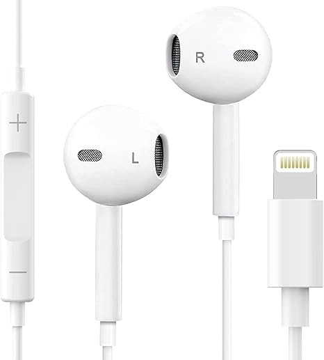 Lightning Connector Earphones with Volume Control White Wired Earphones with Powerful HD Mic for Clear Sound in-Line Volume Controller Noise Cancellation All iPhone - All iOS