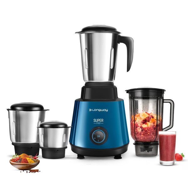 Image of Longway Super Pro Juicer Mixer Grinder | Up to 750W Max Output Powerful Motor | 4 Jars for Grinding, Mixing, Juicing | 2 Years Warranty (Blue &amp; Black)