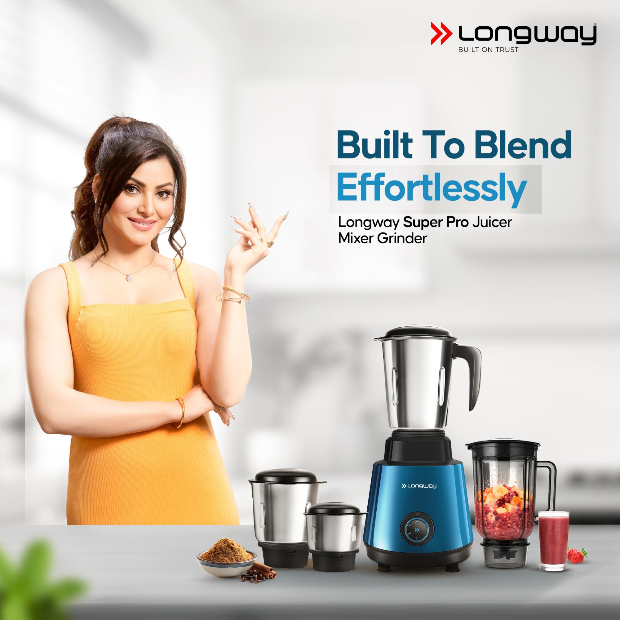 Longway Super Pro Juicer Mixer Grinder Up to 750W Max Output Powerful Motor 4 Jars for Grinding Mixing Juicing 2 Years Warranty Blue Black
