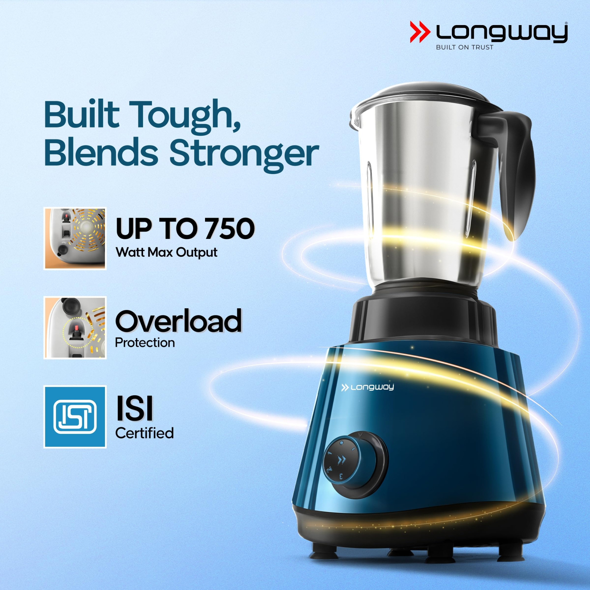 Longway Super Pro Juicer Mixer Grinder  Up to 750W Max Output Powerful Motor  4 Jars for Grinding Mixing Juicing  2 Years Warranty Blue  Black