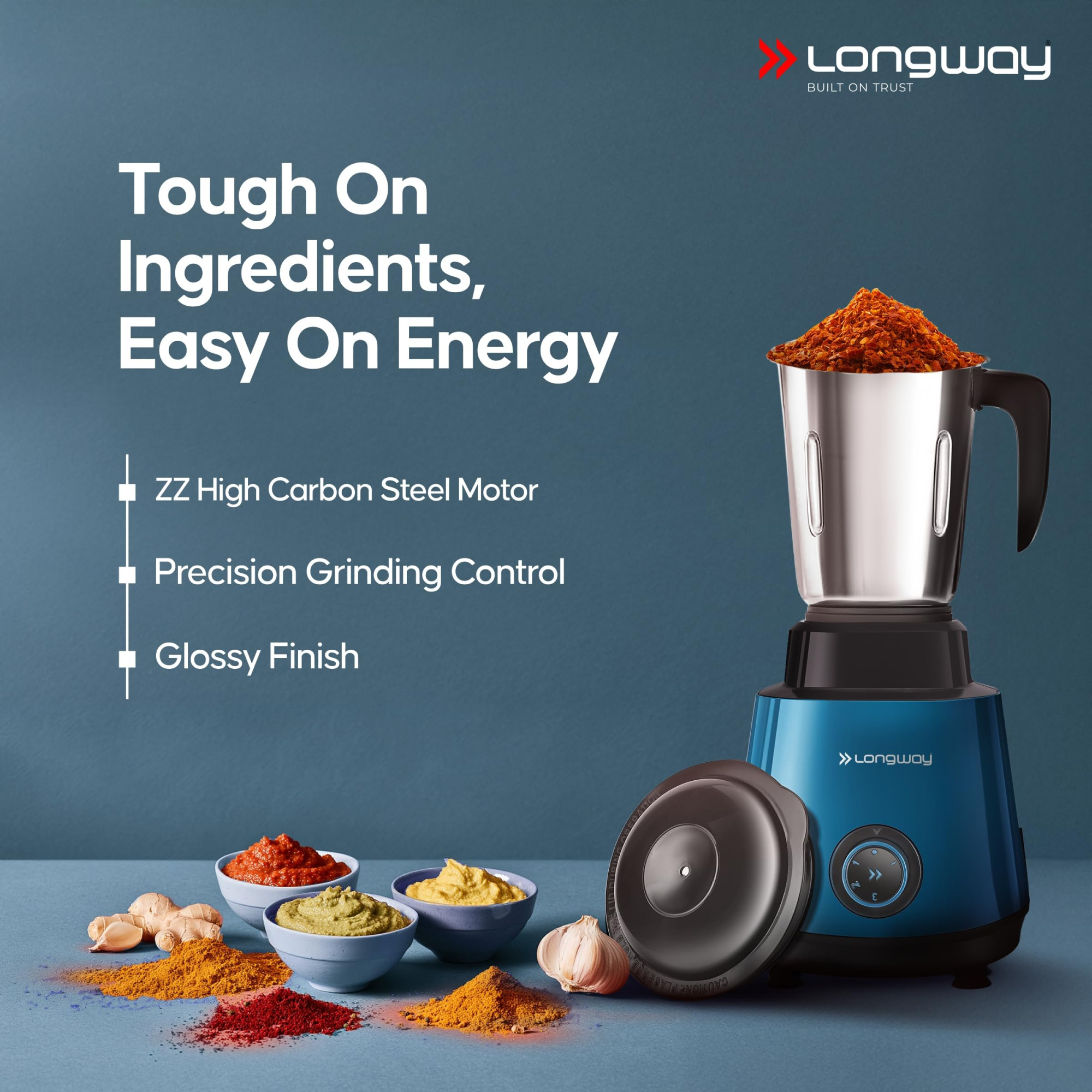 Longway Super Pro Juicer Mixer Grinder  Up to 750W Max Output Powerful Motor  4 Jars for Grinding Mixing Juicing  2 Years Warranty Blue  Black