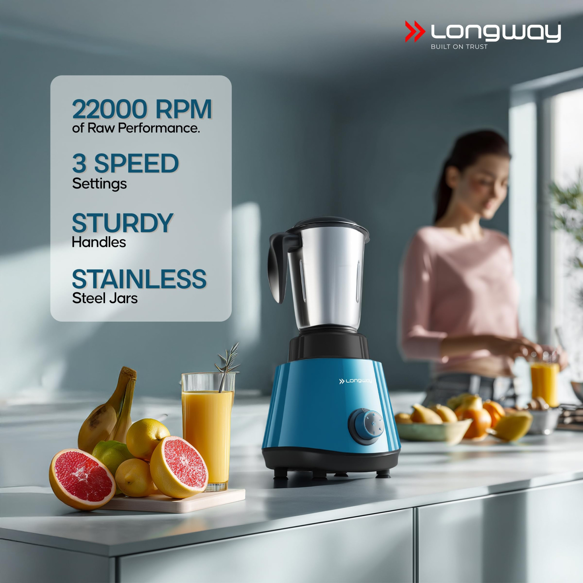 Longway Super Pro Juicer Mixer Grinder  Up to 750W Max Output Powerful Motor  4 Jars for Grinding Mixing Juicing  2 Years Warranty Blue  Black
