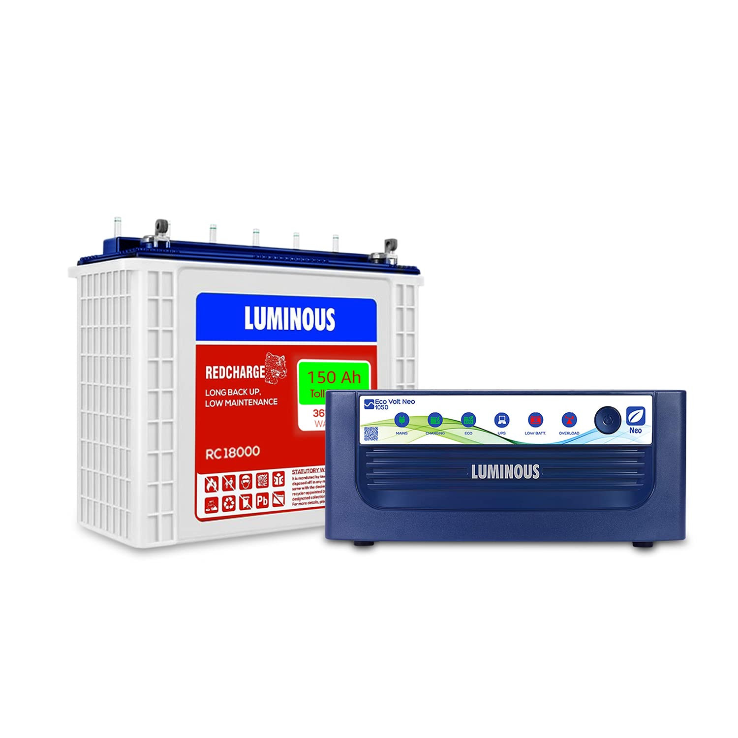 Luminous Inverter Battery Combo Eco Volt Neo 1050 Pure Sine Wave 900VA12V Inverter Red Charge RC18000 Tall Tubular 150Ah Battery for Home Office Shops