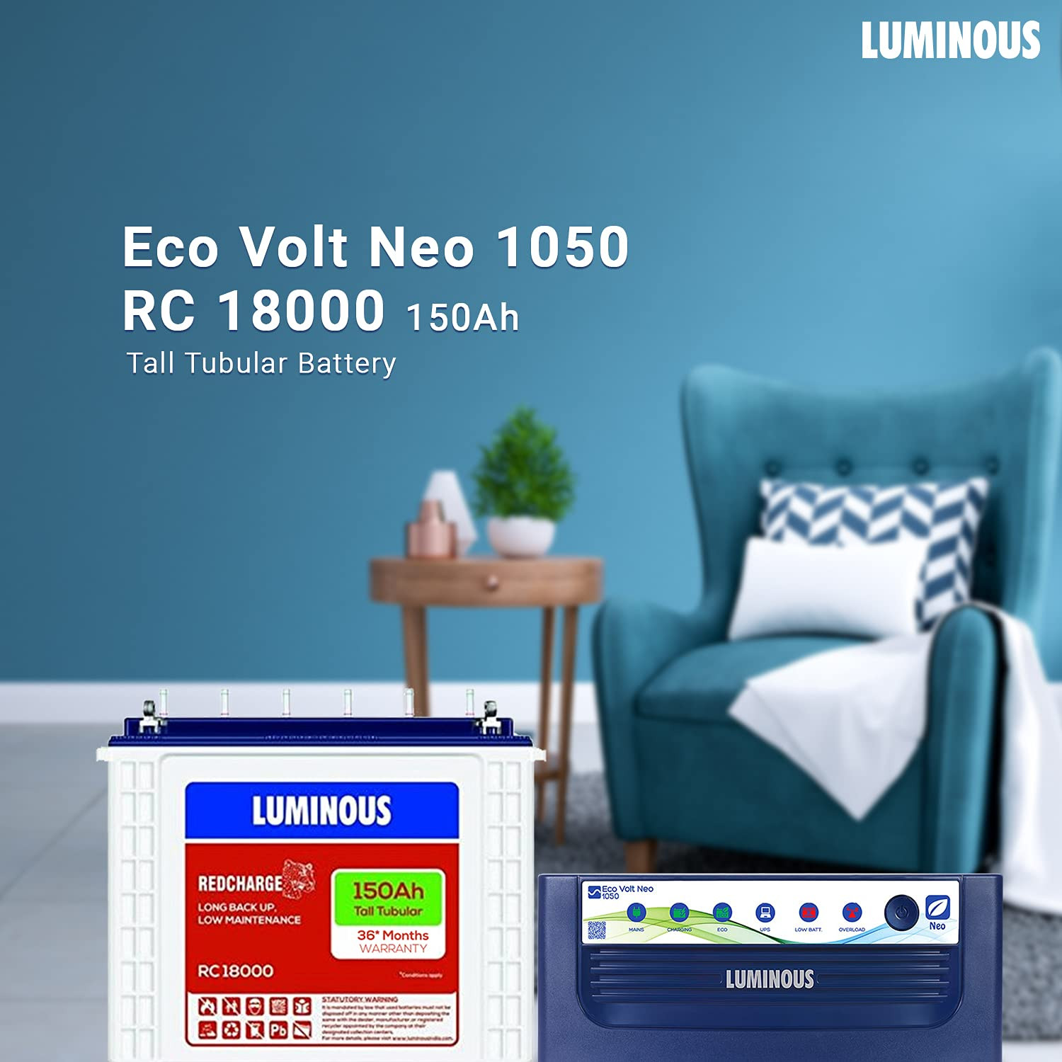 Luminous Inverter Battery Combo Eco Volt Neo 1050 Pure Sine Wave 900VA12V Inverter Red Charge RC18000 Tall Tubular 150Ah Battery for Home Office Shops
