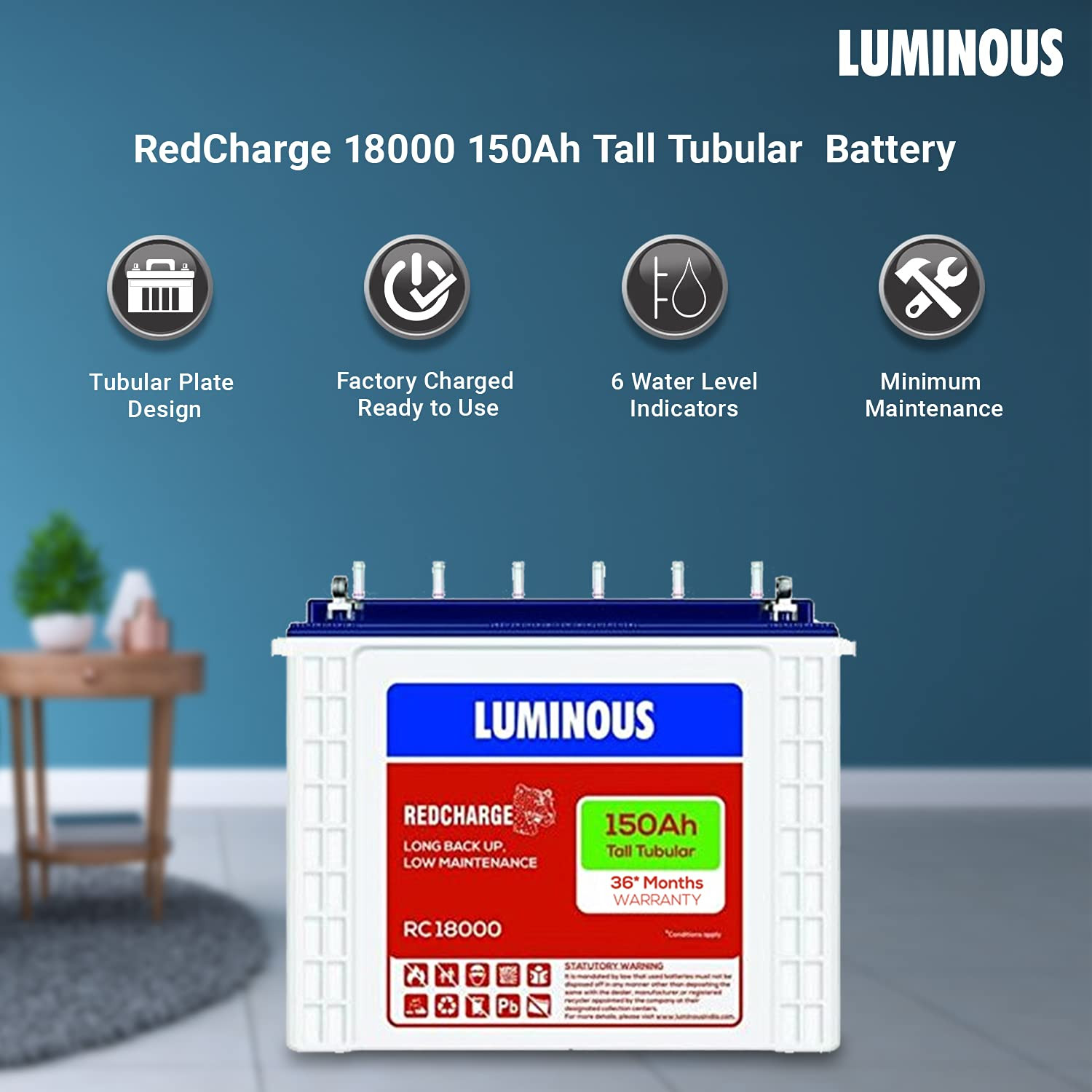 Luminous Inverter Battery Combo Eco Volt Neo 1050 Pure Sine Wave 900VA12V Inverter Red Charge RC18000 Tall Tubular 150Ah Battery for Home Office Shops