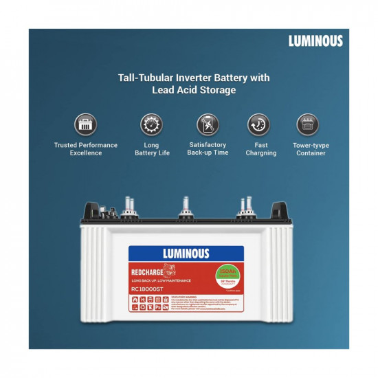 Luminous Inverter  Battery Combo Eco Volt Neo 850 Pure Sine Wave 700VA12V Inverter with Red Charge RC18000 ST Short Tubular 150Ah Battery