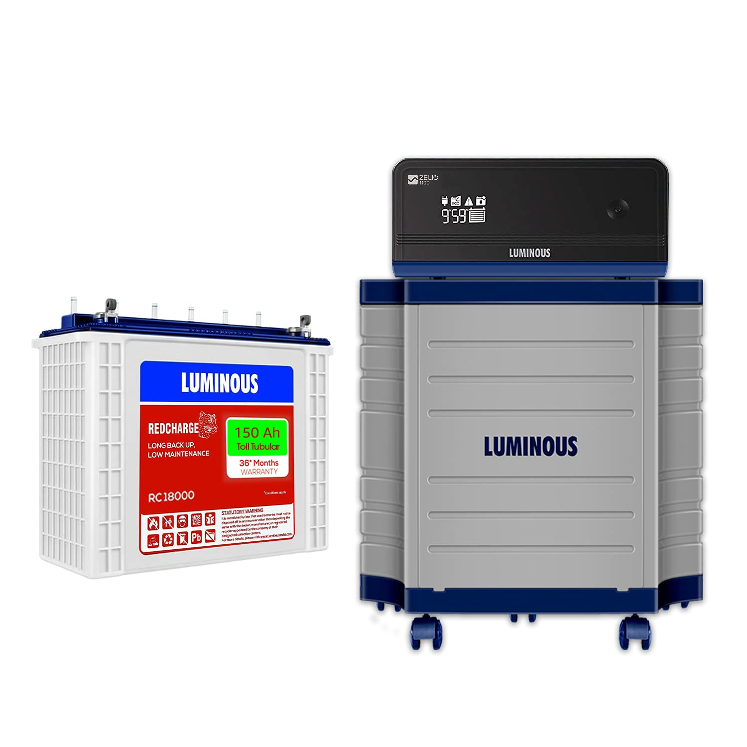 Luminous Inverter Battery Combo for HomeOffice ShopsZelio1100 Pure Sine Wave 900VA12V Inverter with Red Charge RC 18000TT 150Ah Battery Trolley Warranty24 monthsInverter36 monthsBattery